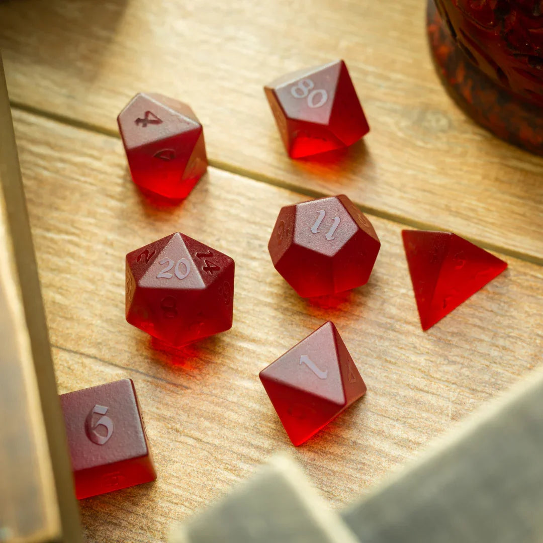 Blood Red Raised Zircon Glass Hand Carved DND Dice Set