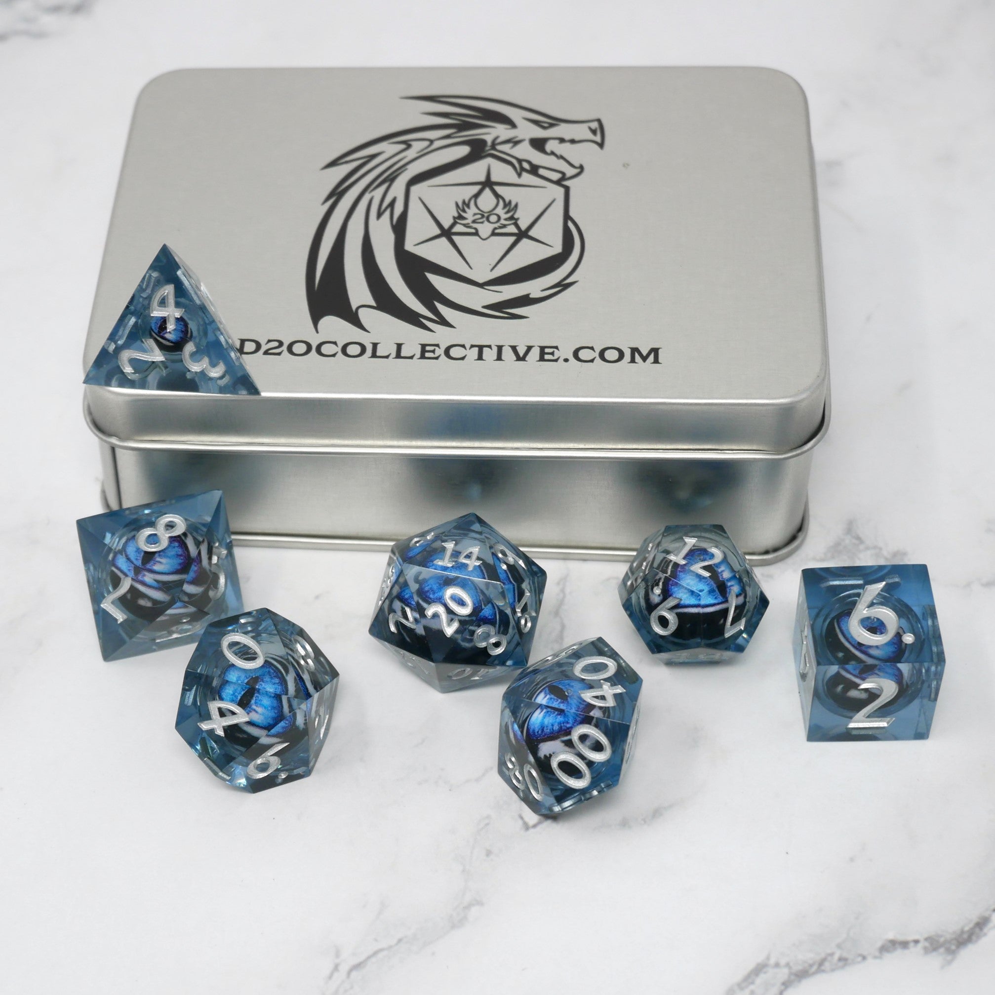 Blue Slaadi's Eye - 7 Piece Moving Eye DnD Dice Set | Acrylic RPG Gaming Dice
