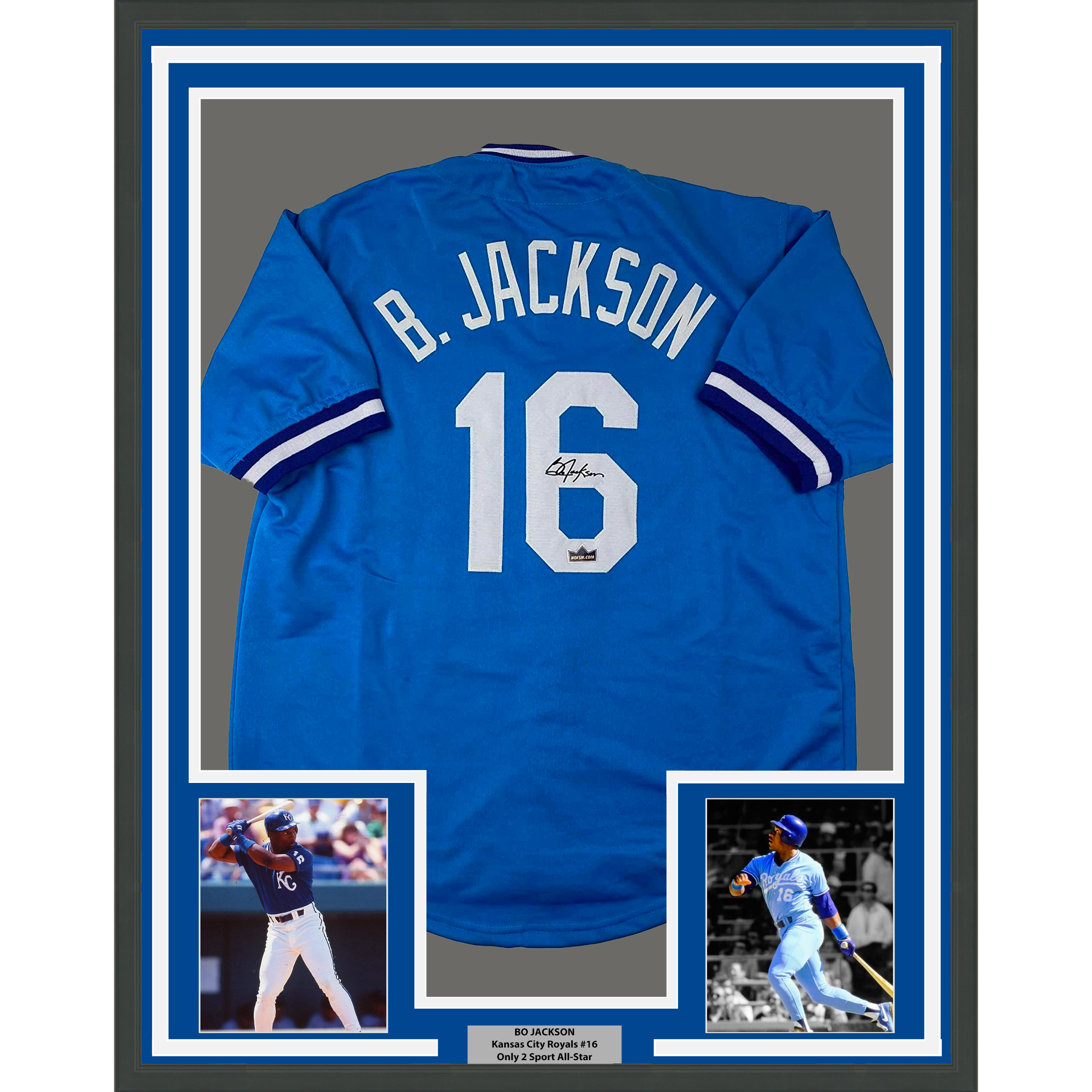 Framed Facsimile Autographed Bo Jackson 35x39 Kansas City Blue Reprint Laser Auto Baseball Jersey