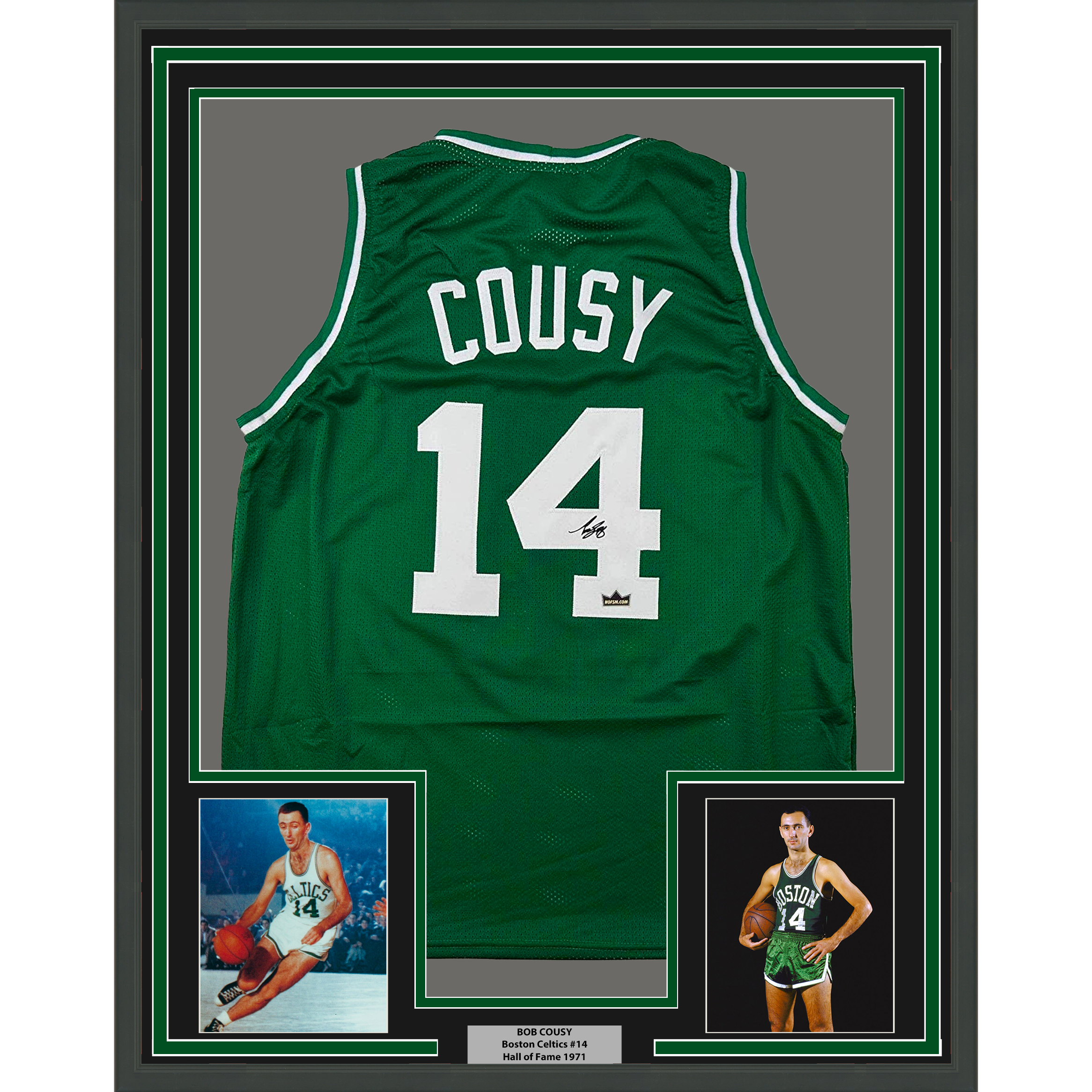 Framed Facsimile Autographed Bob Cousy 35x39 Boston Green Reprint Laser Auto Basketball Jersey
