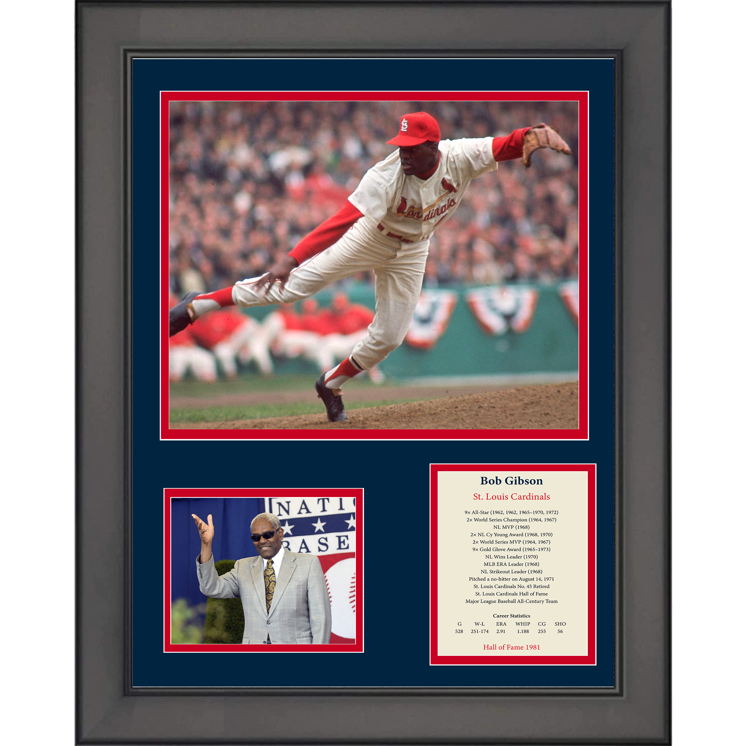 Framed Bob Gibson Hall of Fame Baseball 11"x14" Three Photo Collage