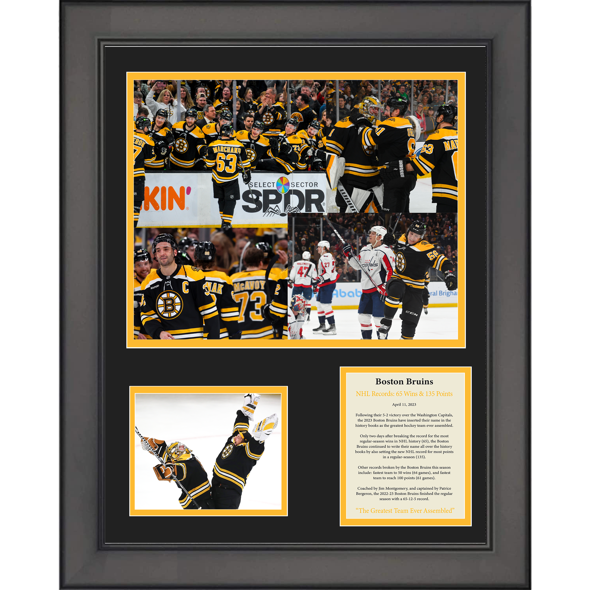 Framed 2022-23 Boston Bruins The Greatest Team Ever Assembled Record Wins & Points 11"x14" Hockey Three Photo Collage