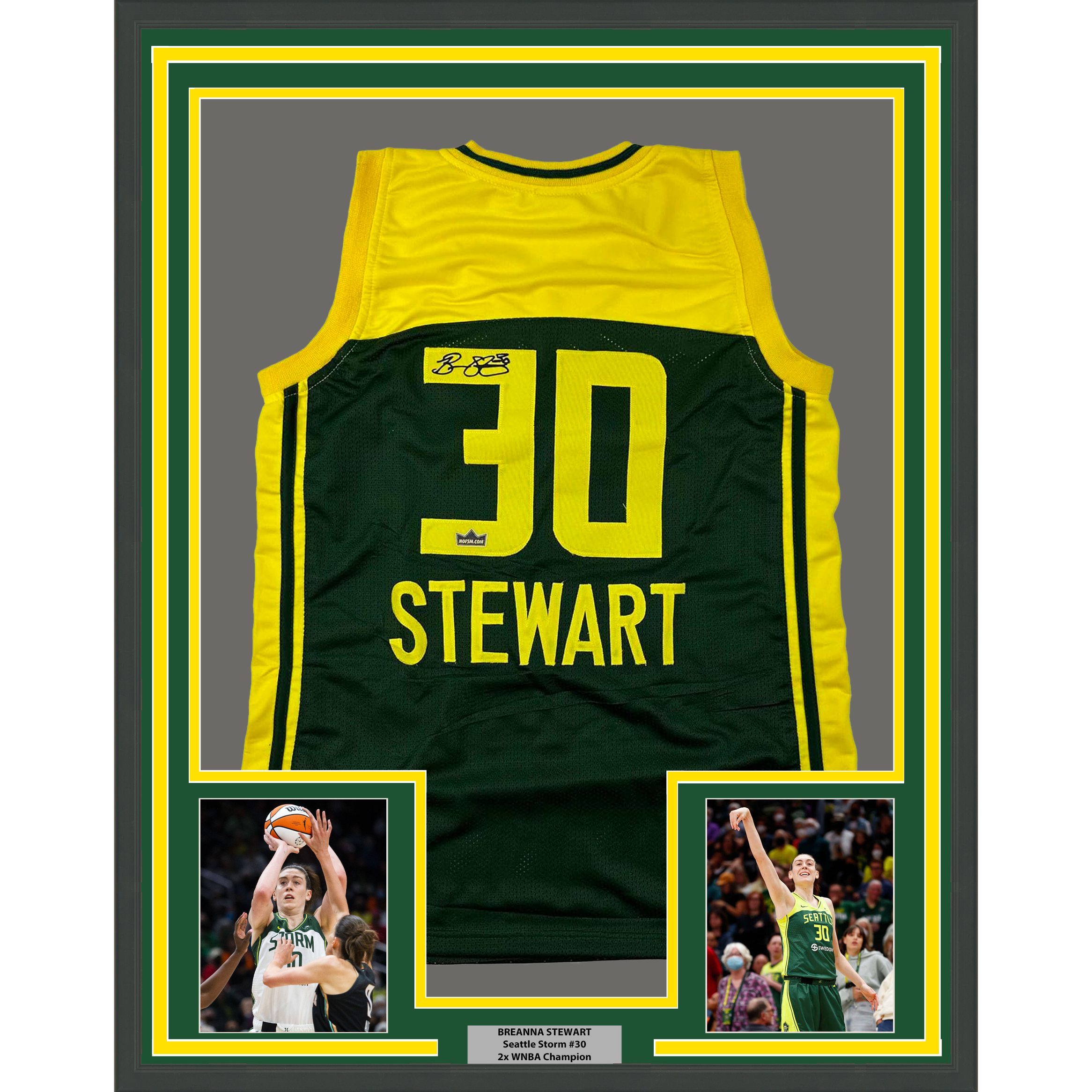 Framed Facsimile Autographed Breanna Stewart 35x39 Seattle Green Reprint Laser Auto Basketball Jersey
