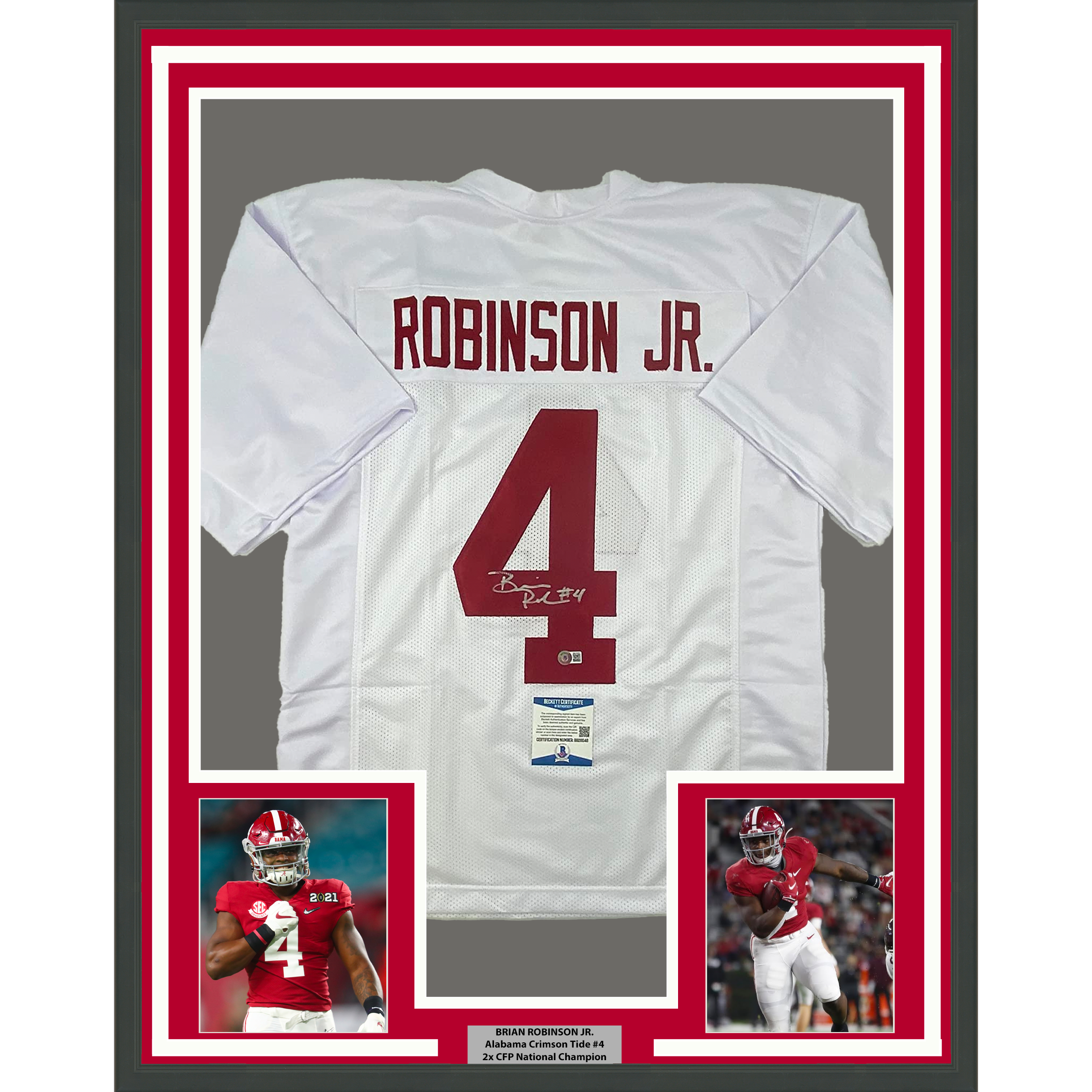 Framed Autographed/Signed Brian Robinson Jr. 35x39 Alabama White College Football Jersey Beckett BAS COA