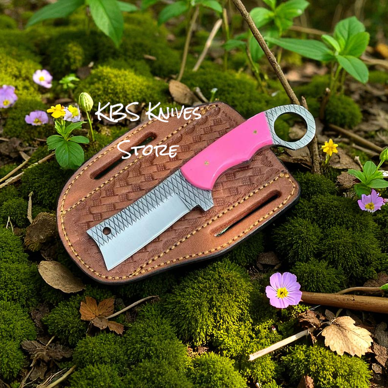 Bull Cutter Knife for Women with Pink Epoxy Resin Handle and Leather Sheath – 8.25" Rasp Steel Blade