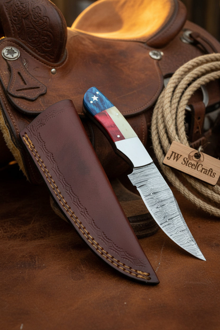 Damascus Camping Knife Fixed Blade USA Flag Resin Handle Outdoor Utility Knife with Sheath