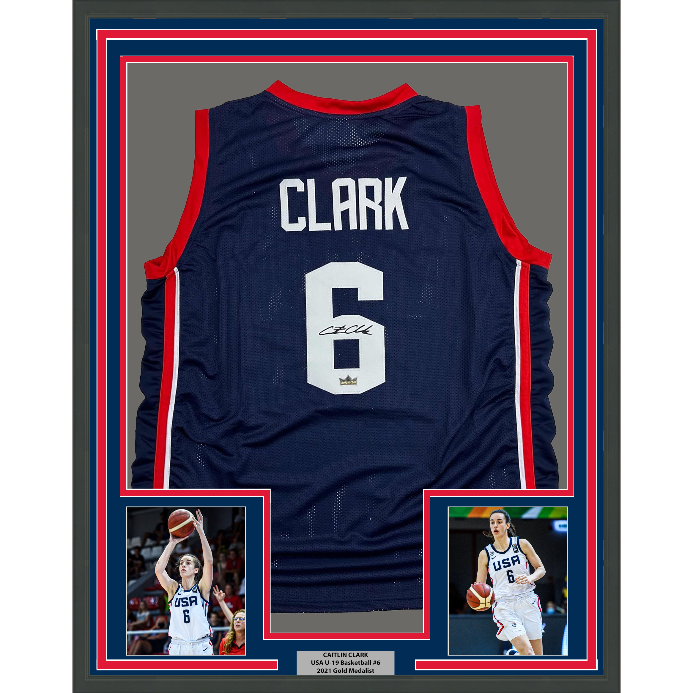 Framed Facsimile Autographed Caitlin Clark 35x39 United States Team USA Blue FIBA U-19 Reprint Laser Auto Basketball Jersey