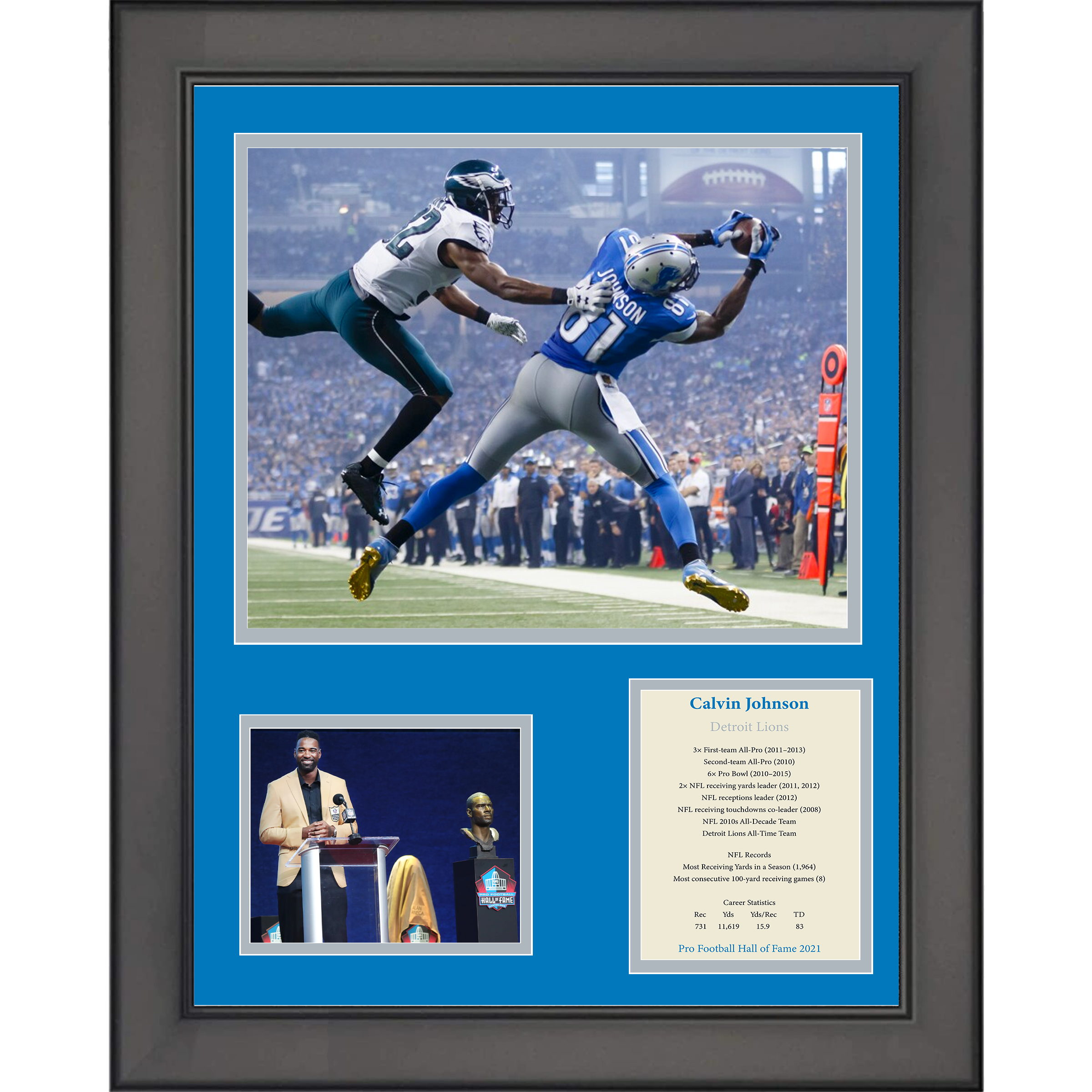 Framed Calvin Johnson Hall of Fame Detroit Lions 11"x14" Football Three Photo Collage
