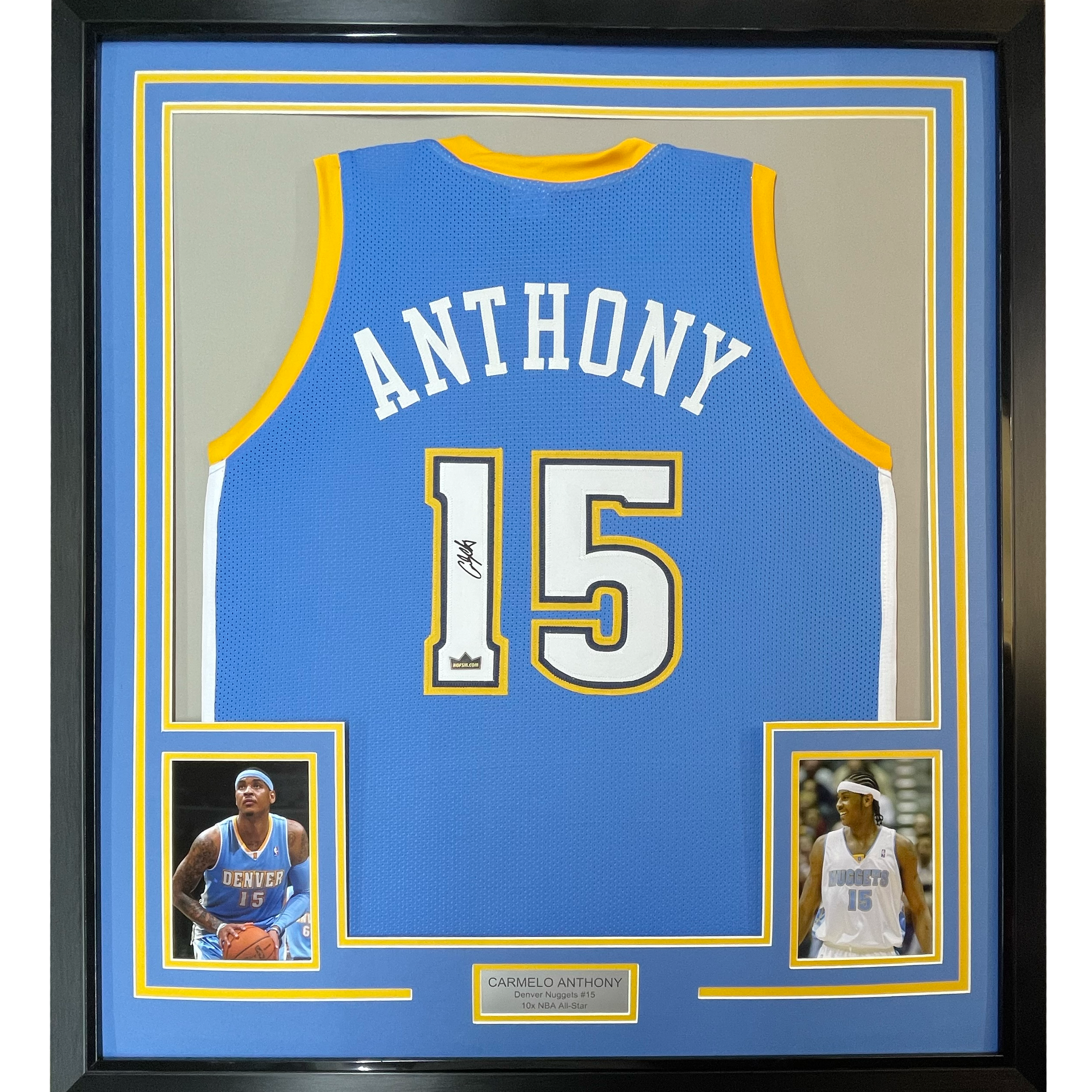 Framed Facsimile Autographed Carmelo Anthony 35x39 Denver Blue Reprint Laser Auto Basketball Jersey