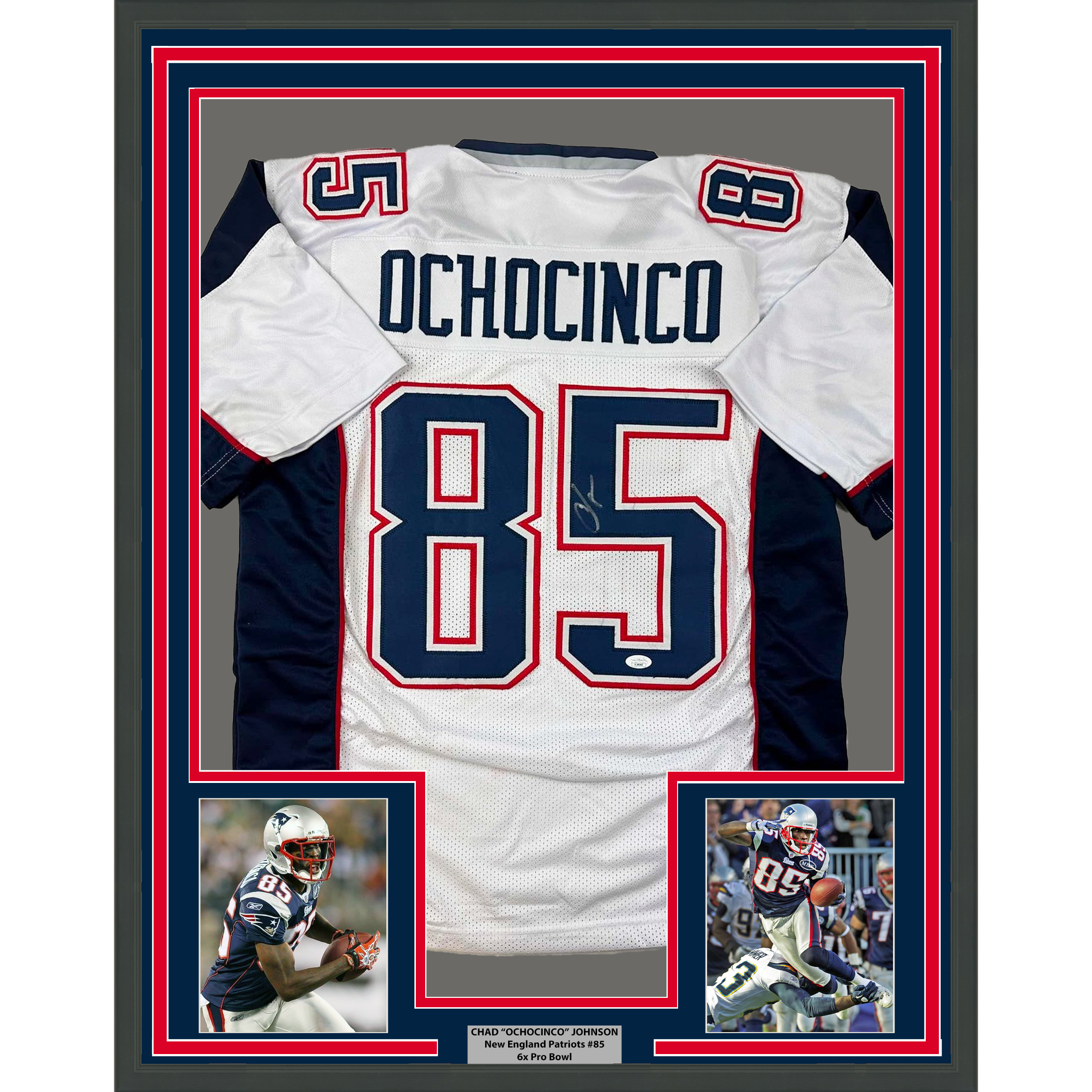 Framed Autographed/Signed Chad Ochocinco (Johnson) 35x39 New England White Football Jersey JSA COA