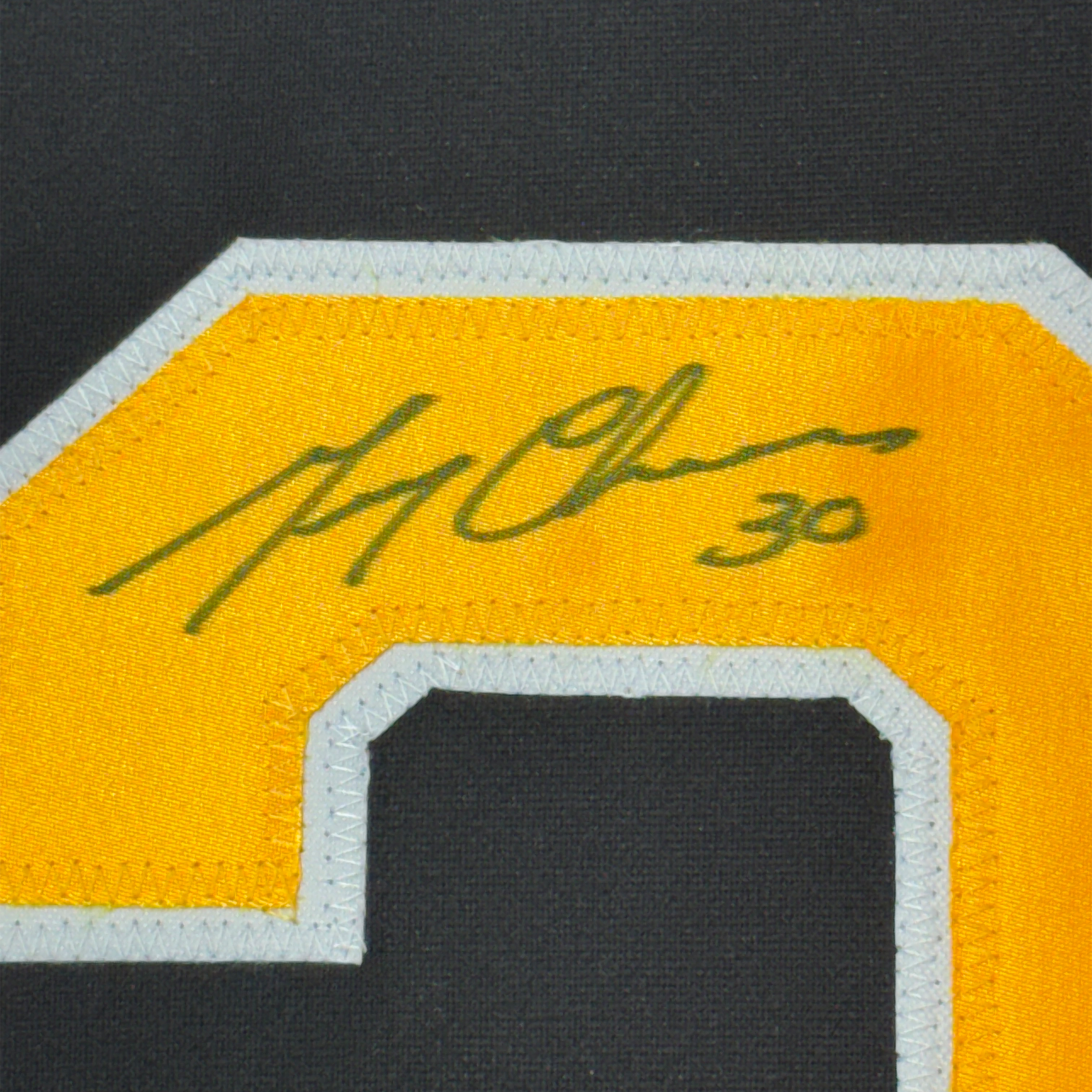 Framed Autographed/Signed Gerry Cheevers 35x39 Boston Black Hockey Jersey JSA COA