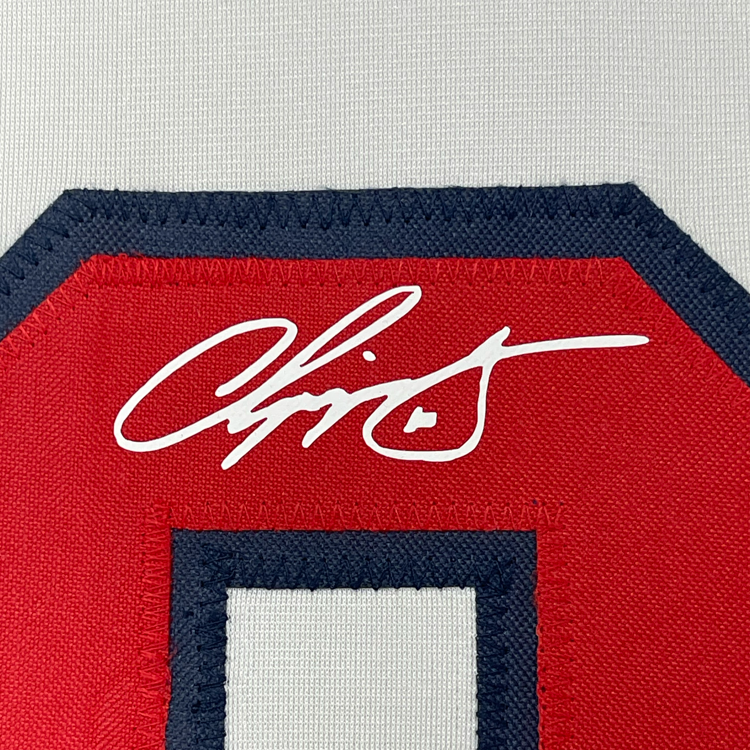 Framed Facsimile Autographed Chipper Jones 35x39 Atlanta White Reprint Laser Auto Baseball Jersey
