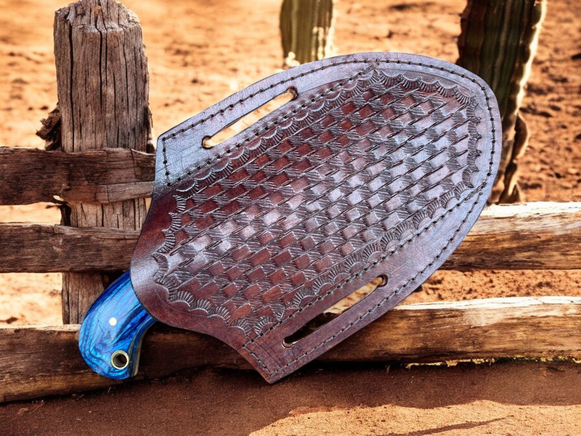 Premium Damascus Bull Cutter Knife - 7" Hand Forged Steel with Exotic Blue Wood Handle