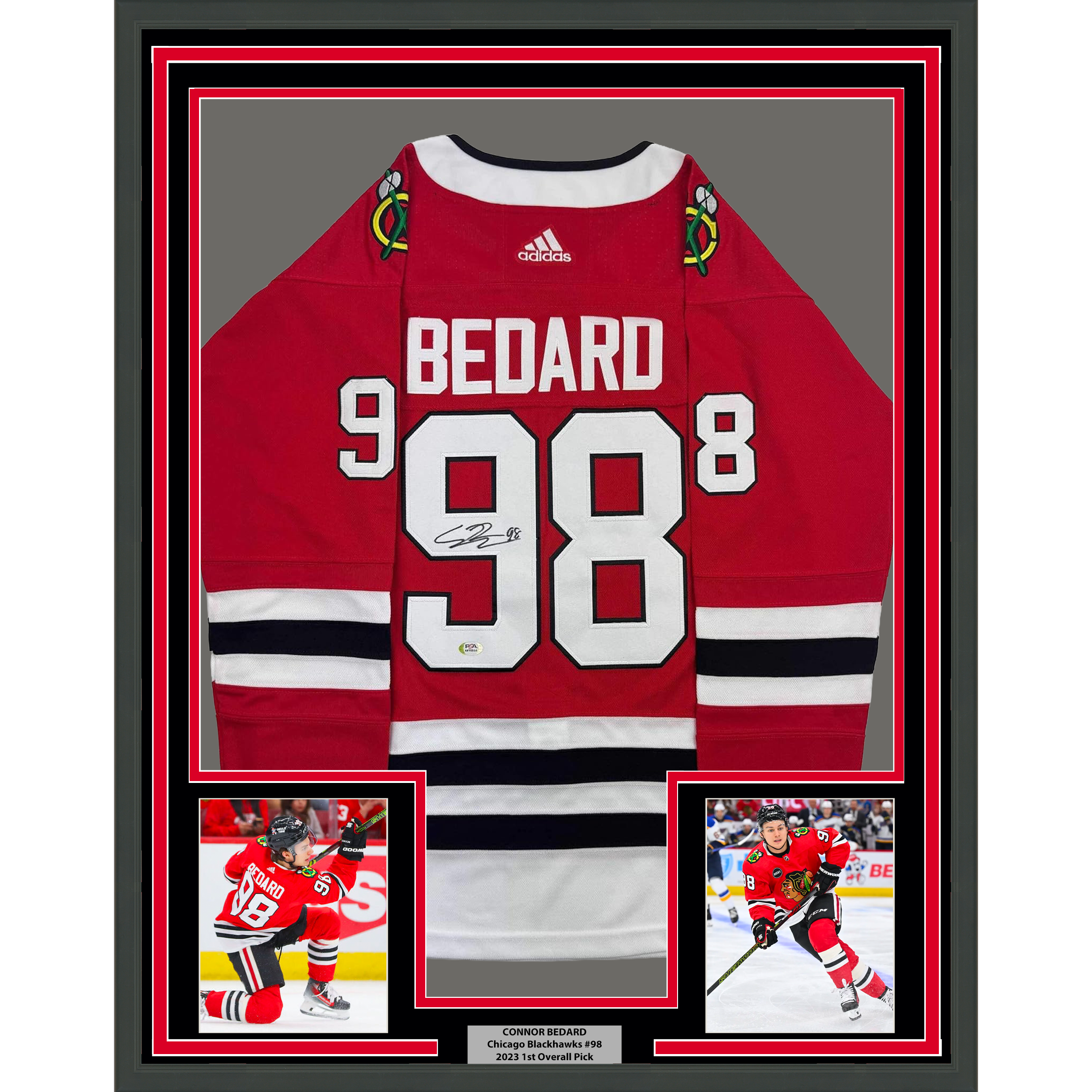 Framed Autographed/Signed Connor Bedard 35x39 Chicago Blackhawks Red Hockey Jersey PSA COA