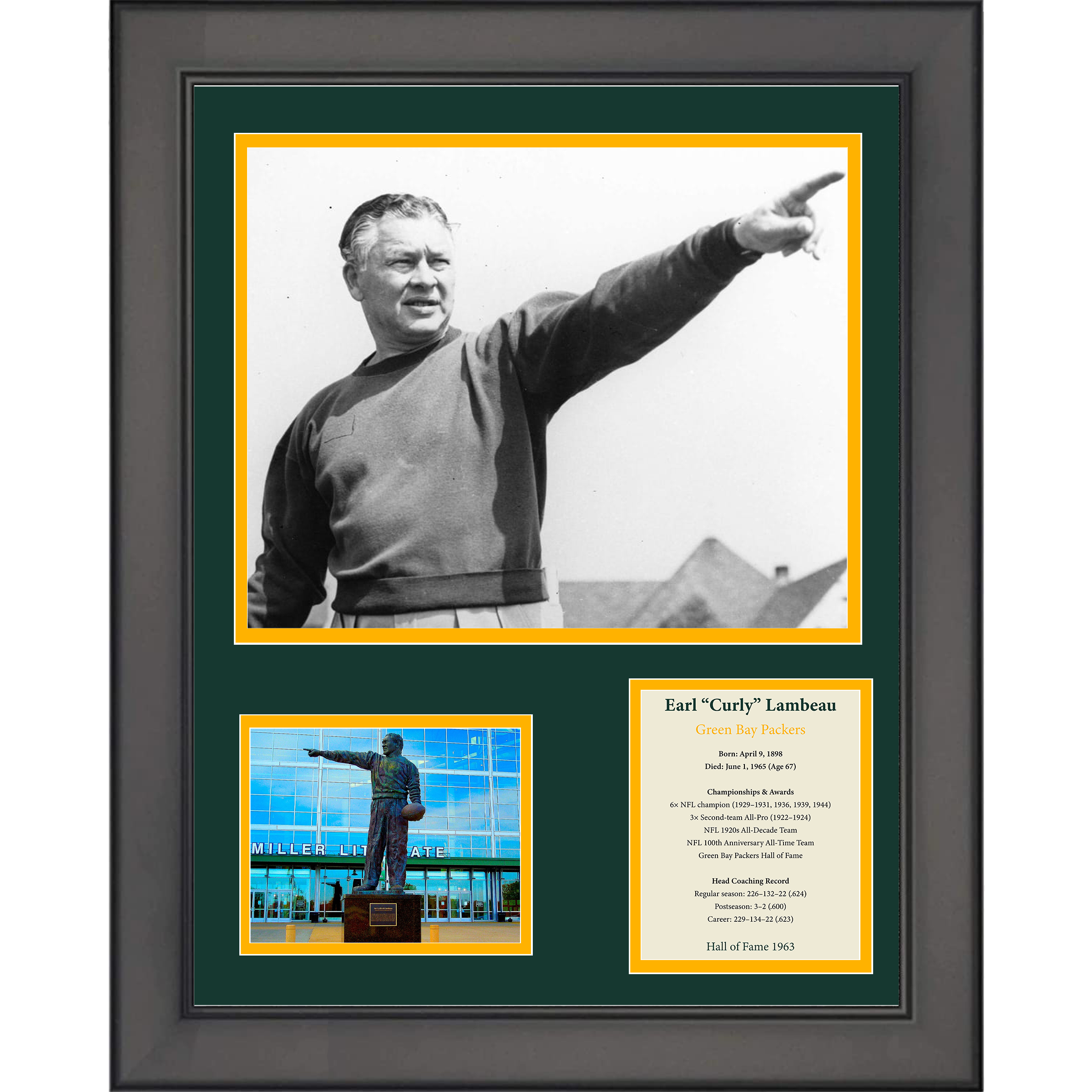 Framed Curly Lambeau Hall of Fame Green Bay Packers 11"x14" Football Three Photo Collage