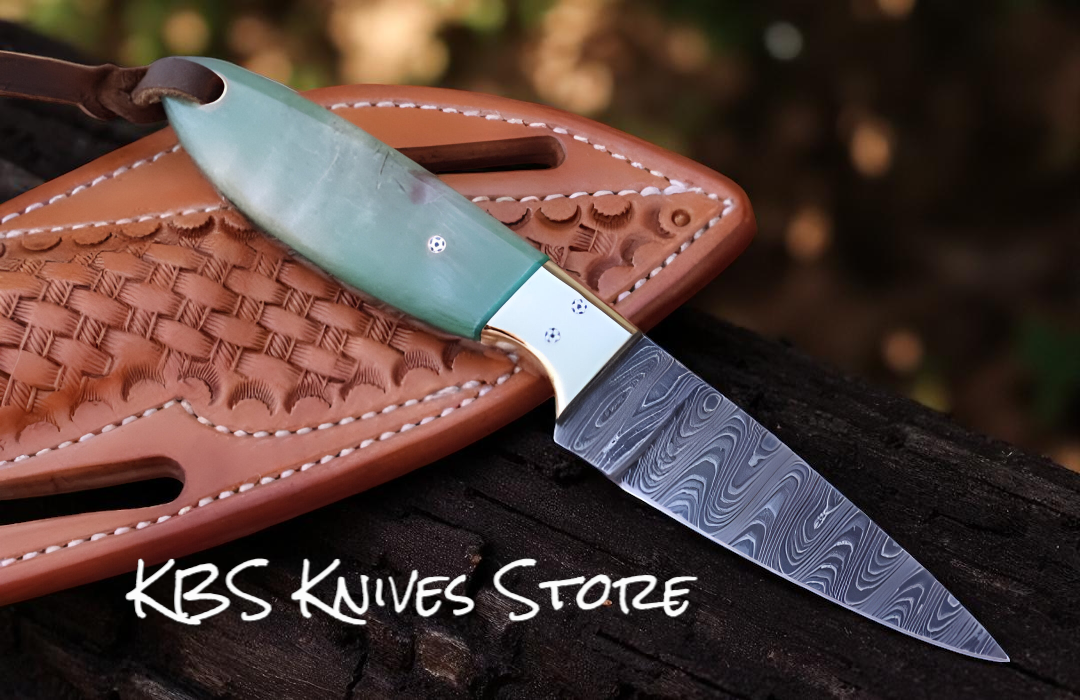 Custom 3 Inch Damascus Cowboy Sheath Knife - Antique Sheep Horn Handle with Brass Bolster