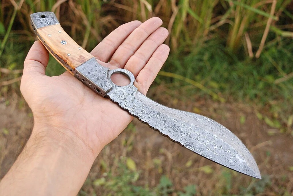 Bushcraft Kukri Knife Damascus 12" Olivewood Handle