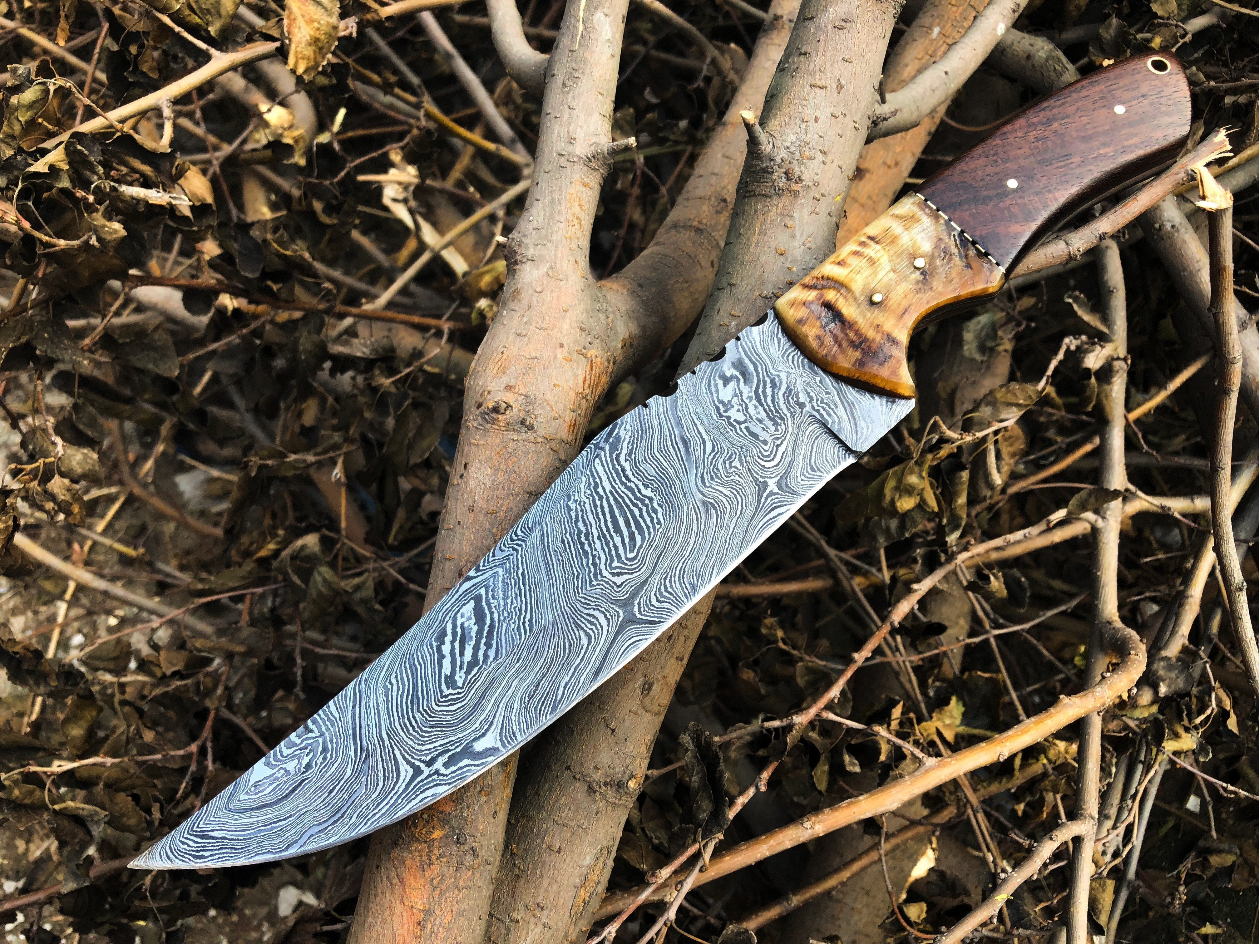 Custom Handcrafted Damascus Steel Hunting Bowie Knife with Rosewood & Sheep Horn Handle – 13-Inch Blade for Sale by KBS Knives
