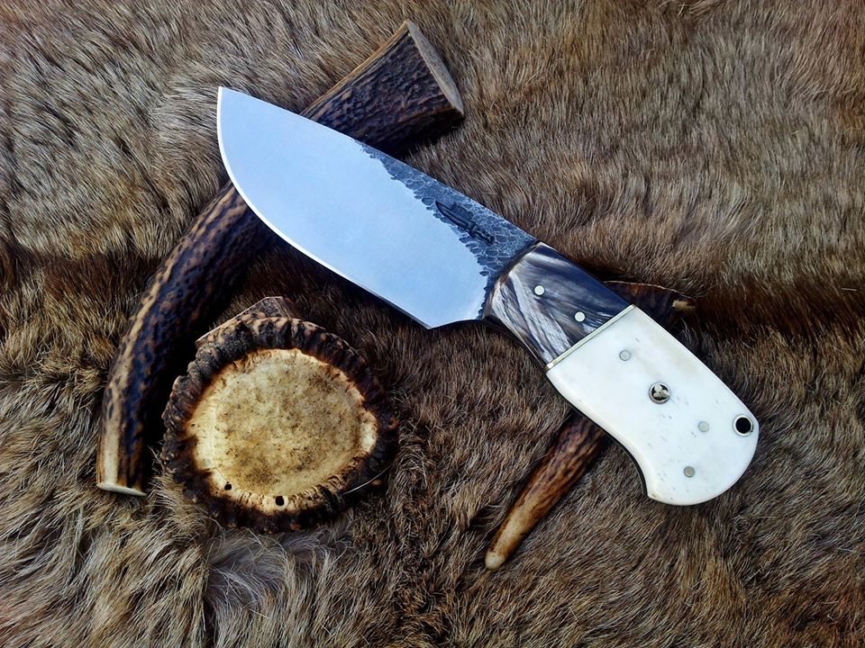 Custom Handmade 1095 Forged Steel Deer Skinning Knife - 8.5 Inch Buffalo Horn & Bone Handle, Leather Sheath - Premium Hunting Knife by KBS Knives