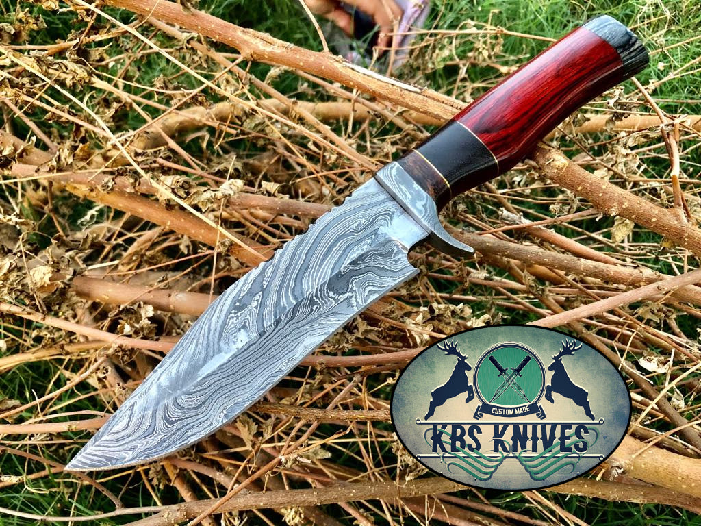 Custom Handmade Original Bowie Knife with Damascus Steel Blade and Colored Wood Handle - 12.5 Inches
