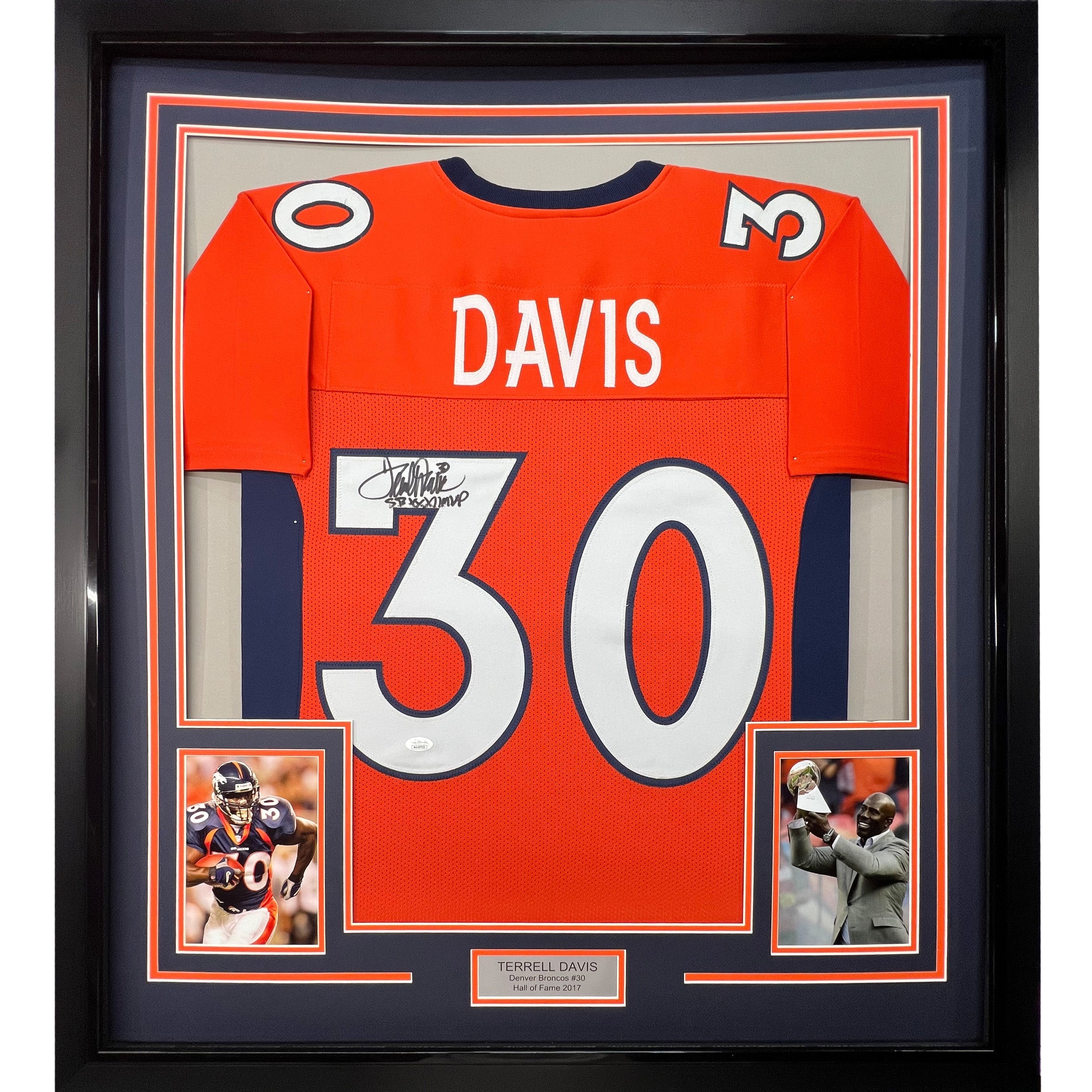 Framed Autographed/Signed Terrell Davis 35x39 SB XXXII MVP Denver Orange Football Jersey JSA COA