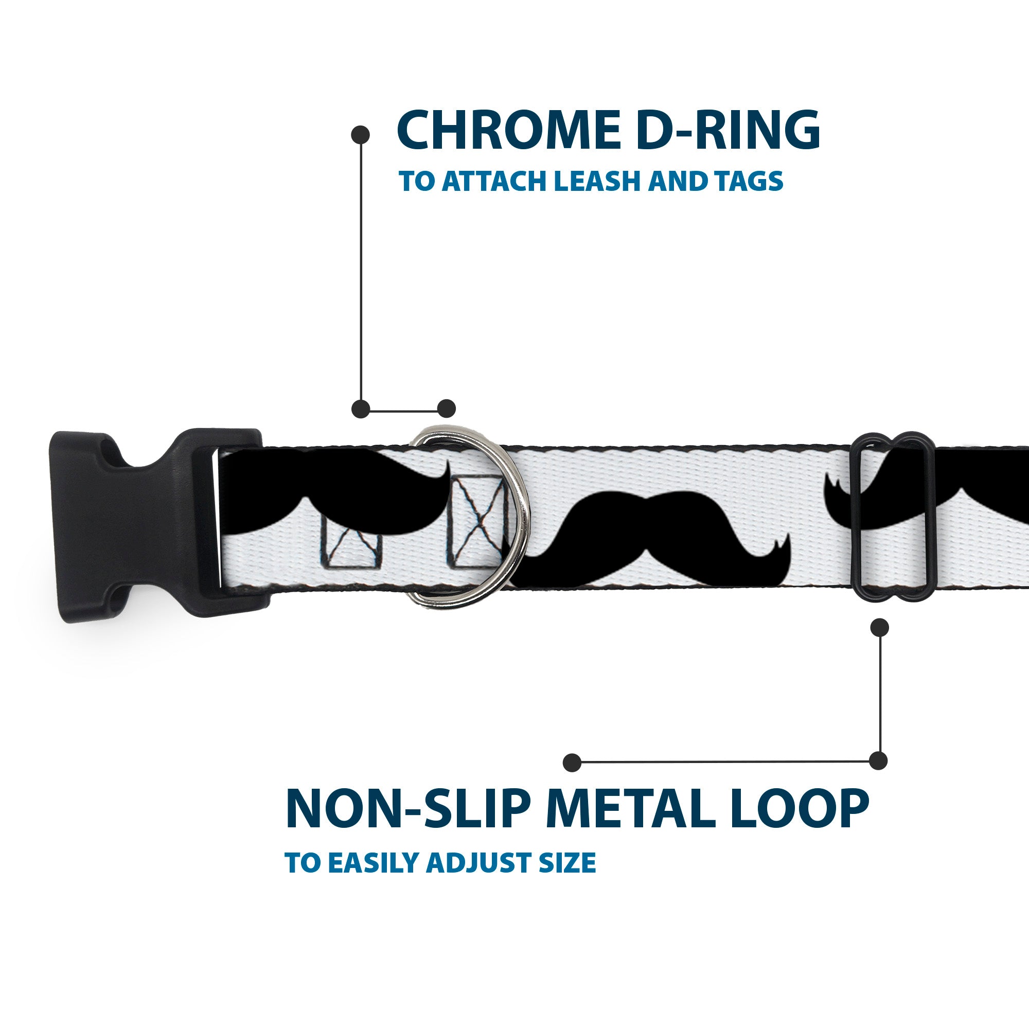 Plastic Clip Collar - Mustaches White/Black