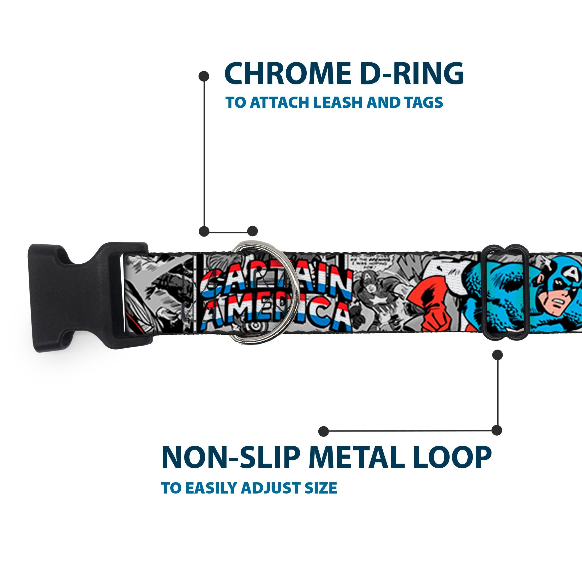 Plastic Clip Collar - CAPTAIN AMERICA 2-Poses/Comic Blocks Grays/Red/White/Blue