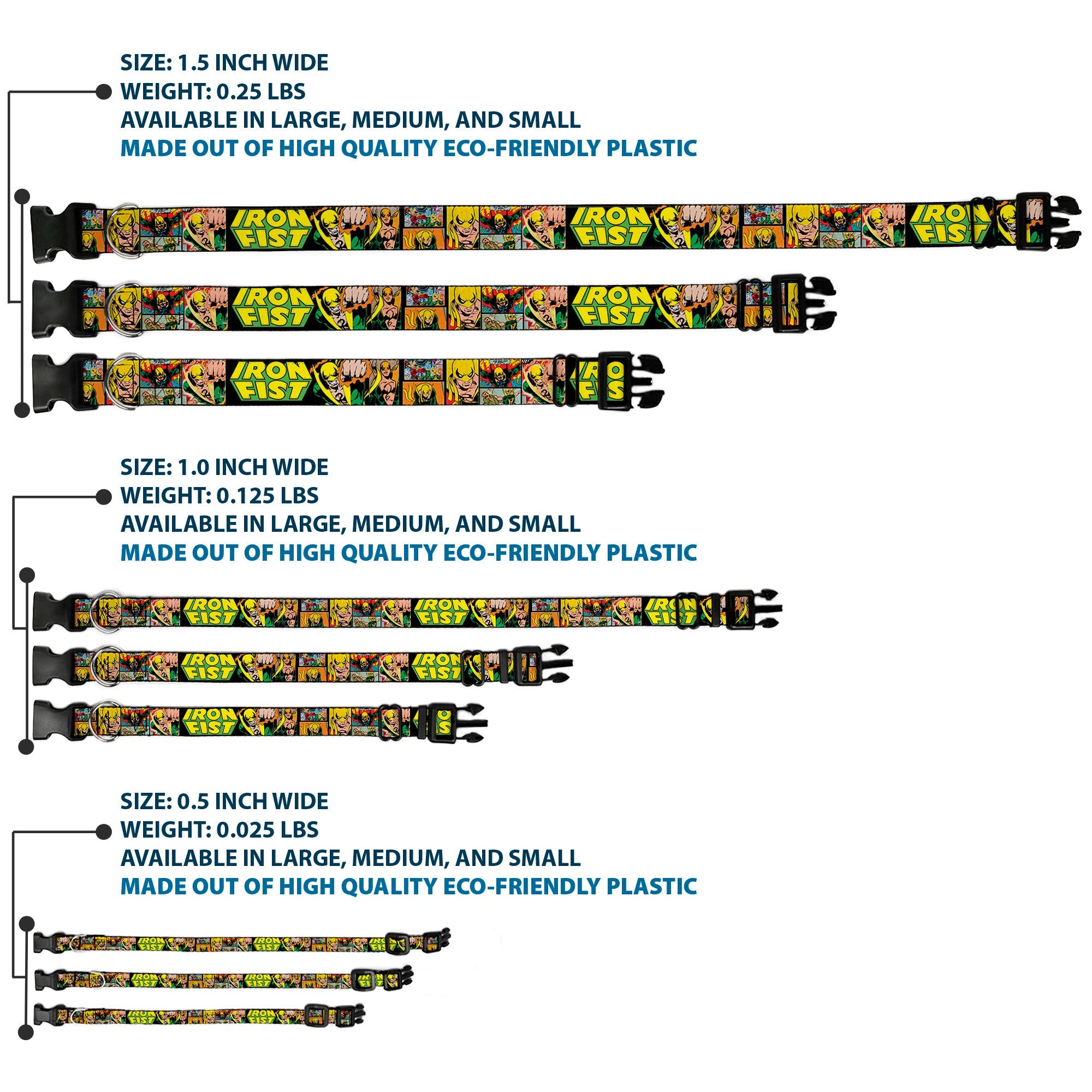 Plastic Clip Collar - Retro IRON FIST Action Pose/Comic Scene Blocks Black/Green/Yellow