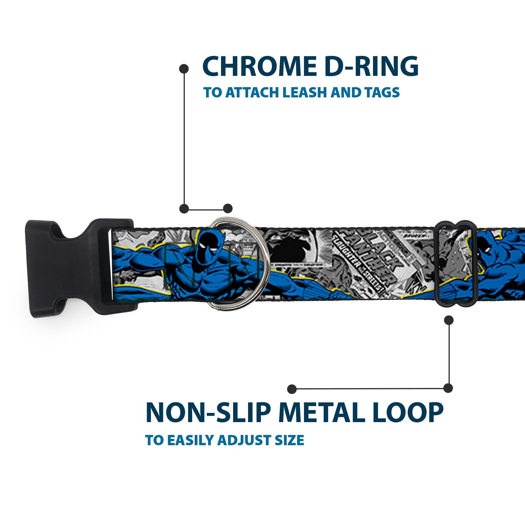 Plastic Clip Collar - BLACK PANTHER Action Poses/Stacked Comics Grays/Yellow/Blue/Red