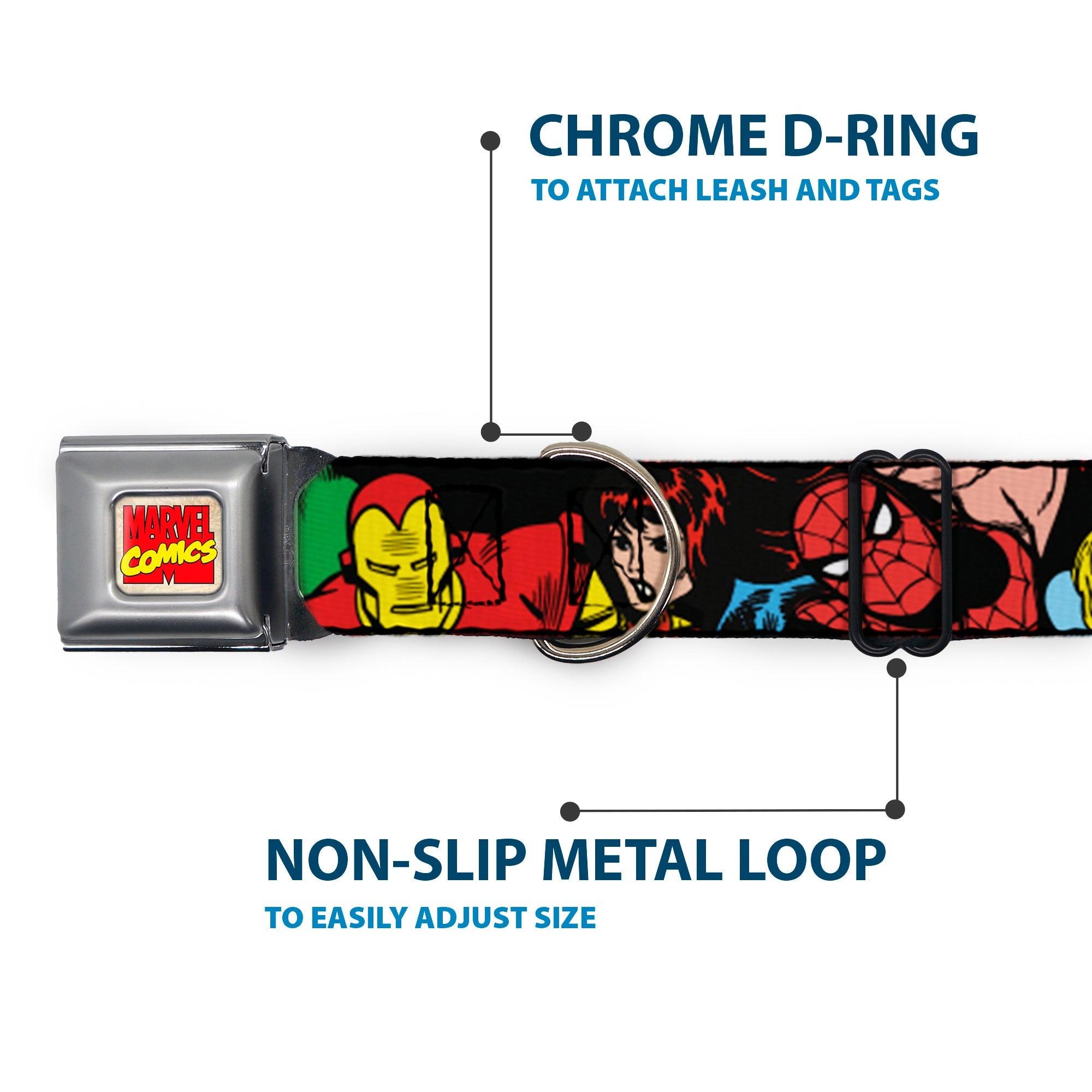MARVEL COMICS Marvel Comics Logo Full Color Seatbelt Buckle Collar - 5-Marvel Characters Black
