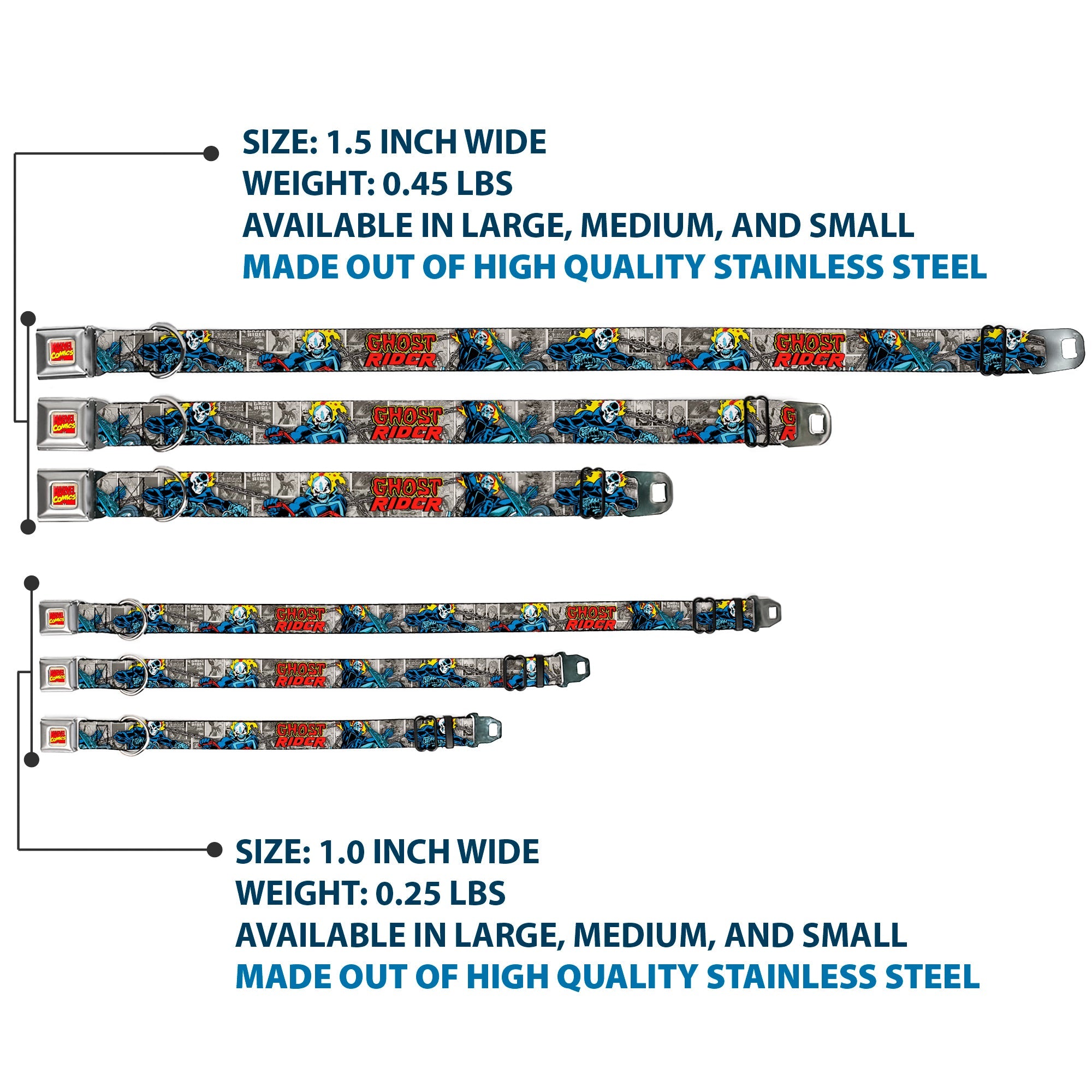 Marvel Comics Logo Full Color Seatbelt Buckle Collar - Classic GHOST RIDER 3-Riding Poses/Comic Blocks Grays/Yellow/Black/Red