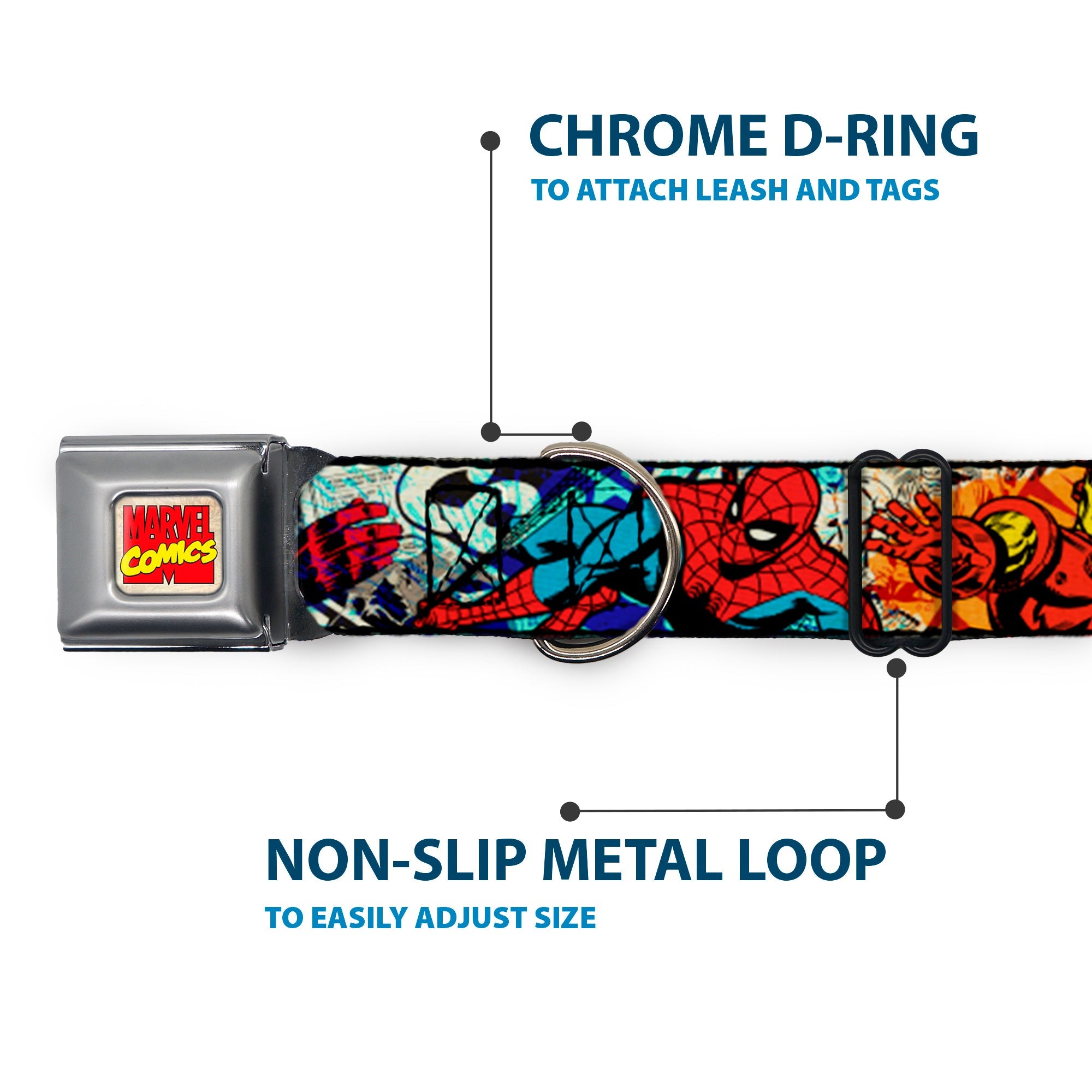 Marvel Comics Logo Full Color Seatbelt Buckle Collar - 4-Superhero Action Poses/Comic Scenes White/Black/Full Color Splatter