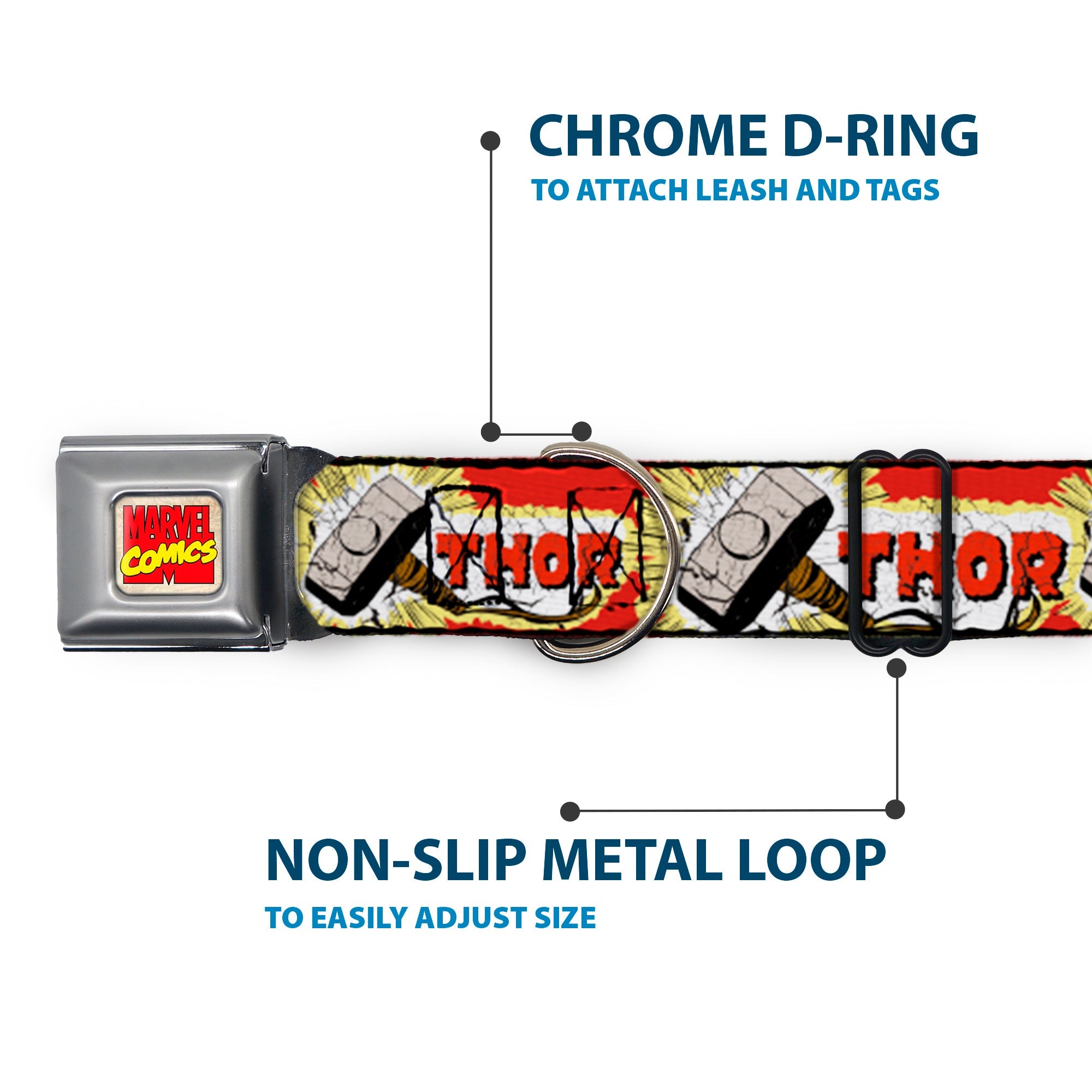 MARVEL COMICS Marvel Comics Logo Full Color Seatbelt Buckle Collar - THOR & Hammer Red/Yellow/White