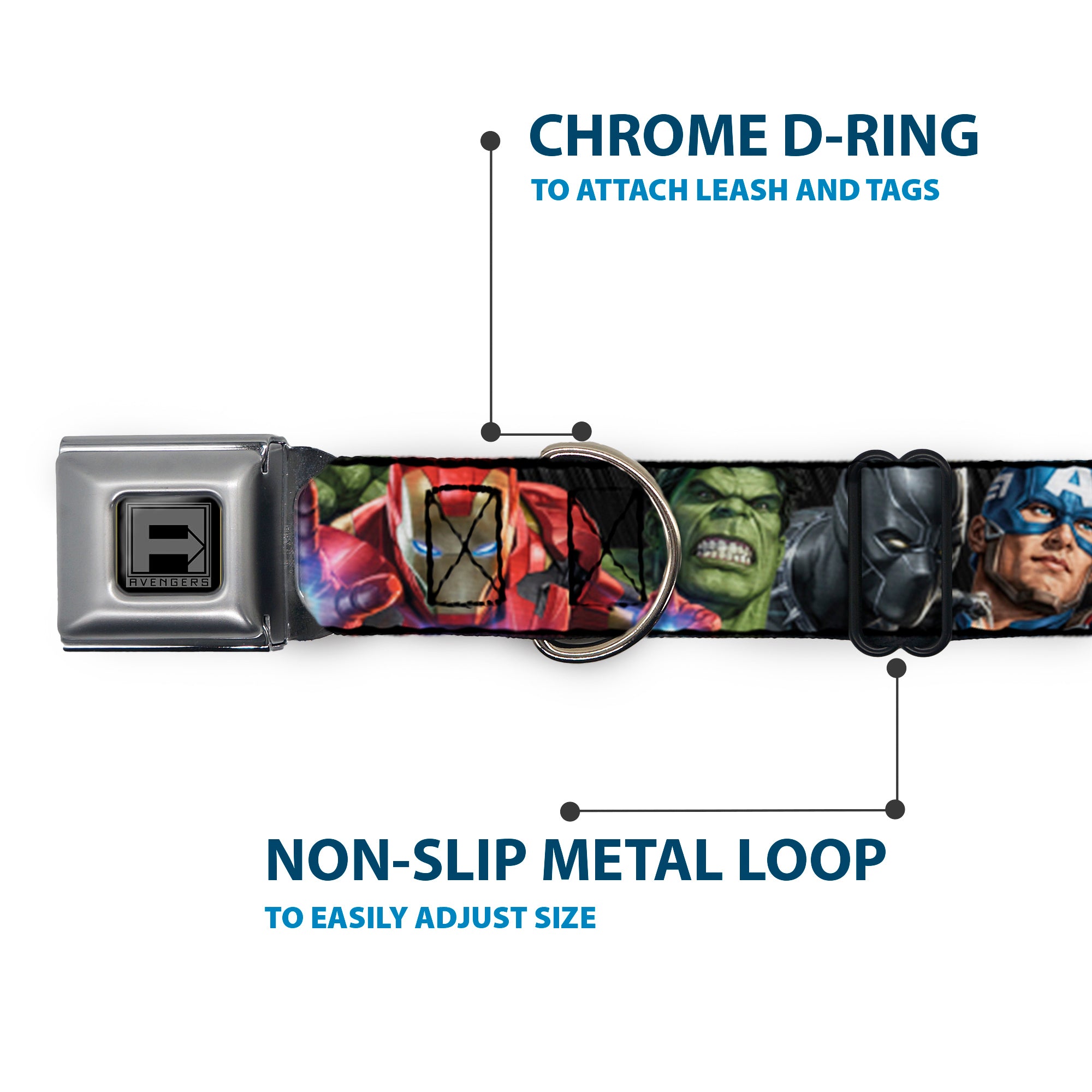 AVENGERS Block Logo Full Color Black/White Seatbelt Buckle Collar - 7-Vivid Avengers Action Poses