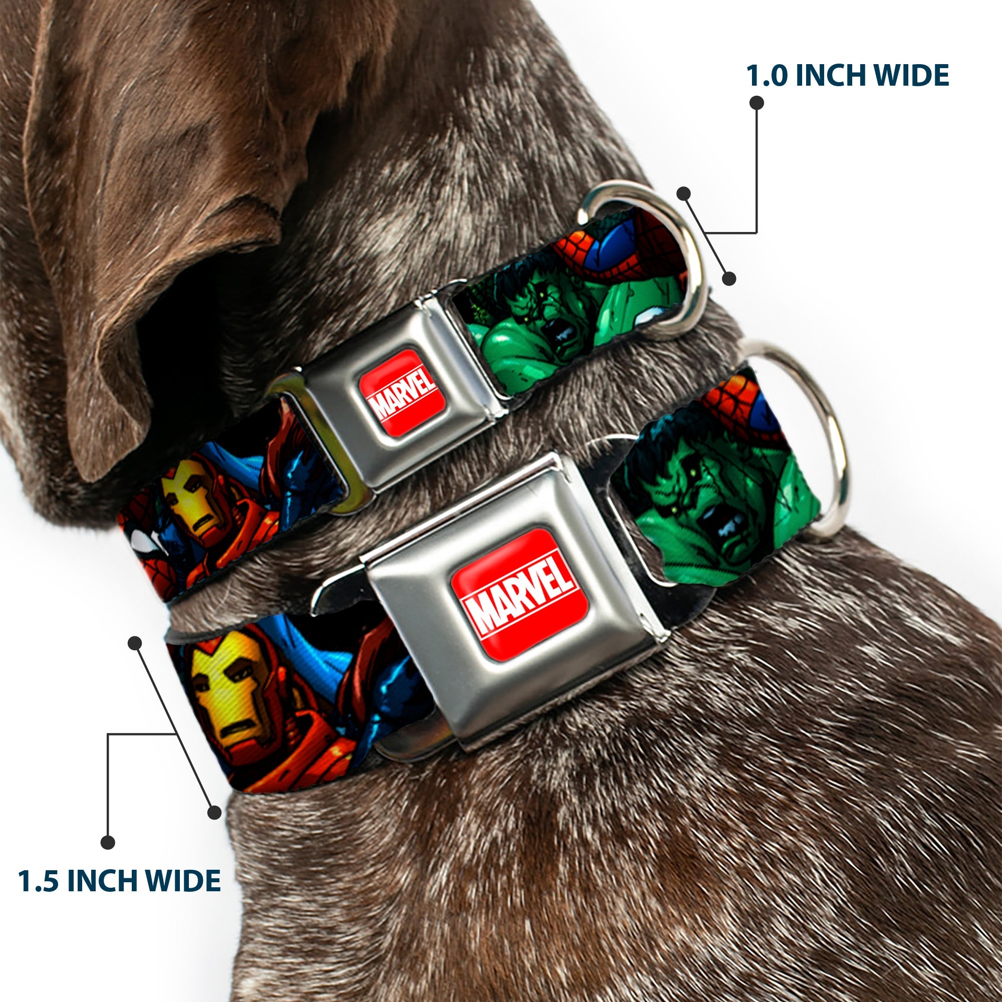 MARVEL Full Color Red/White Seatbelt Buckle Collar - Marvel Universe Superheroes Stacked