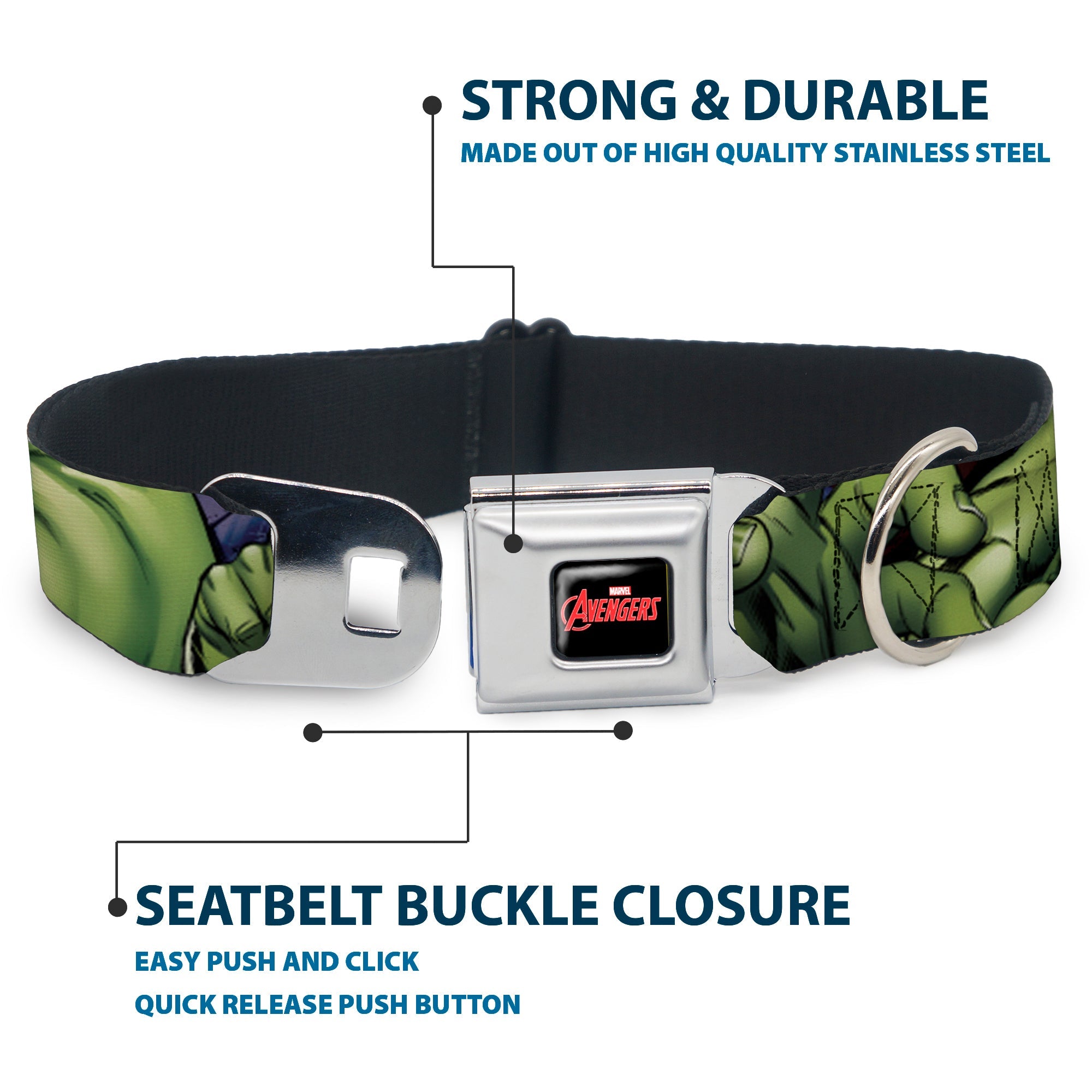 MARVEL AVENGERS Logo Full Color Black/Red/White Seatbelt Buckle Collar - Marvel Hulk CLOSE-UP Poses