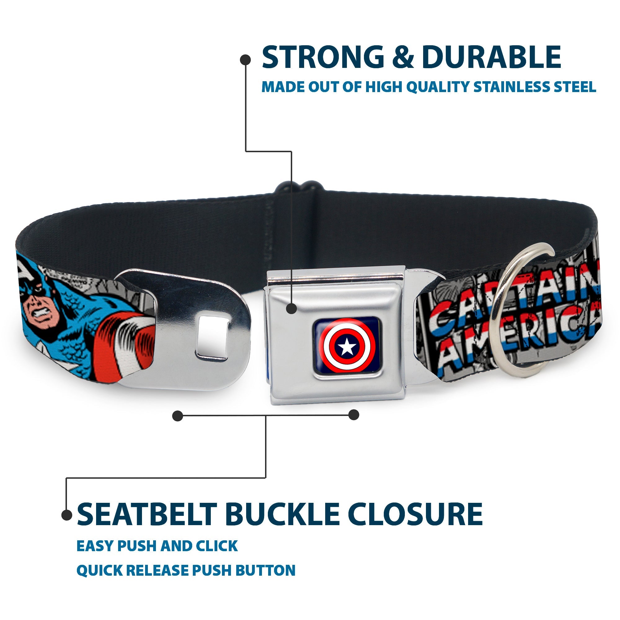 Captain America Shield Navy Seatbelt Buckle Collar - CAPTAIN AMERICA 2-Poses/Comic Blocks Grays/Red/White/Blue