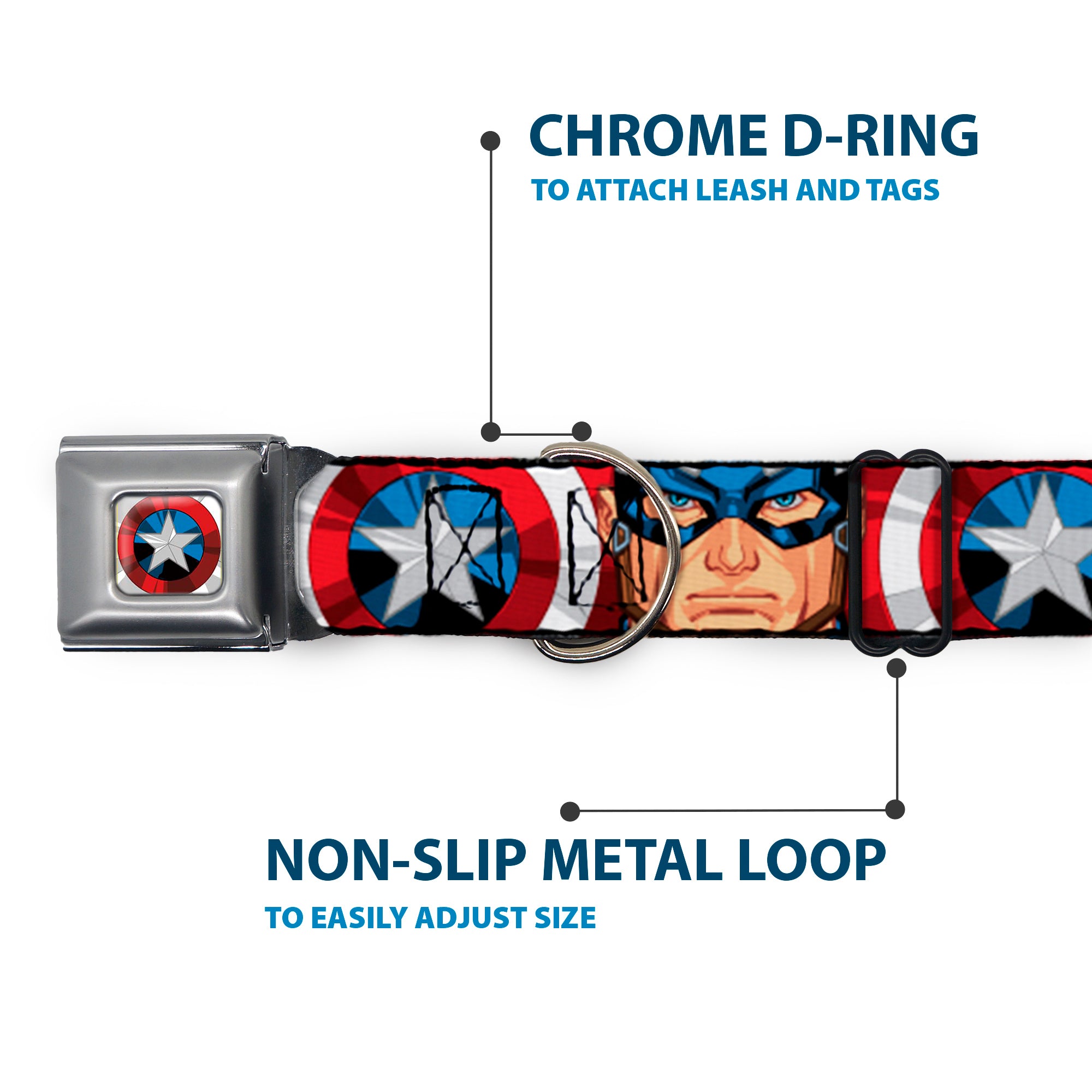 Captain America Shield2 CLOSE-UP Full Color Seatbelt Buckle Collar - Captain America Face Turns/Shield CLOSE-UP
