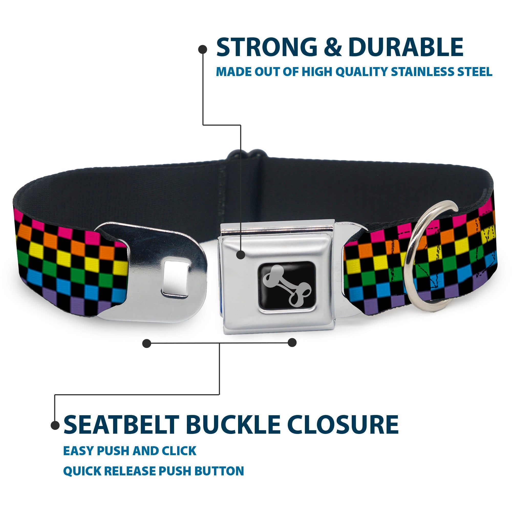 Dog Bone Seatbelt Buckle Collar - Checker Black/Neon Rainbow