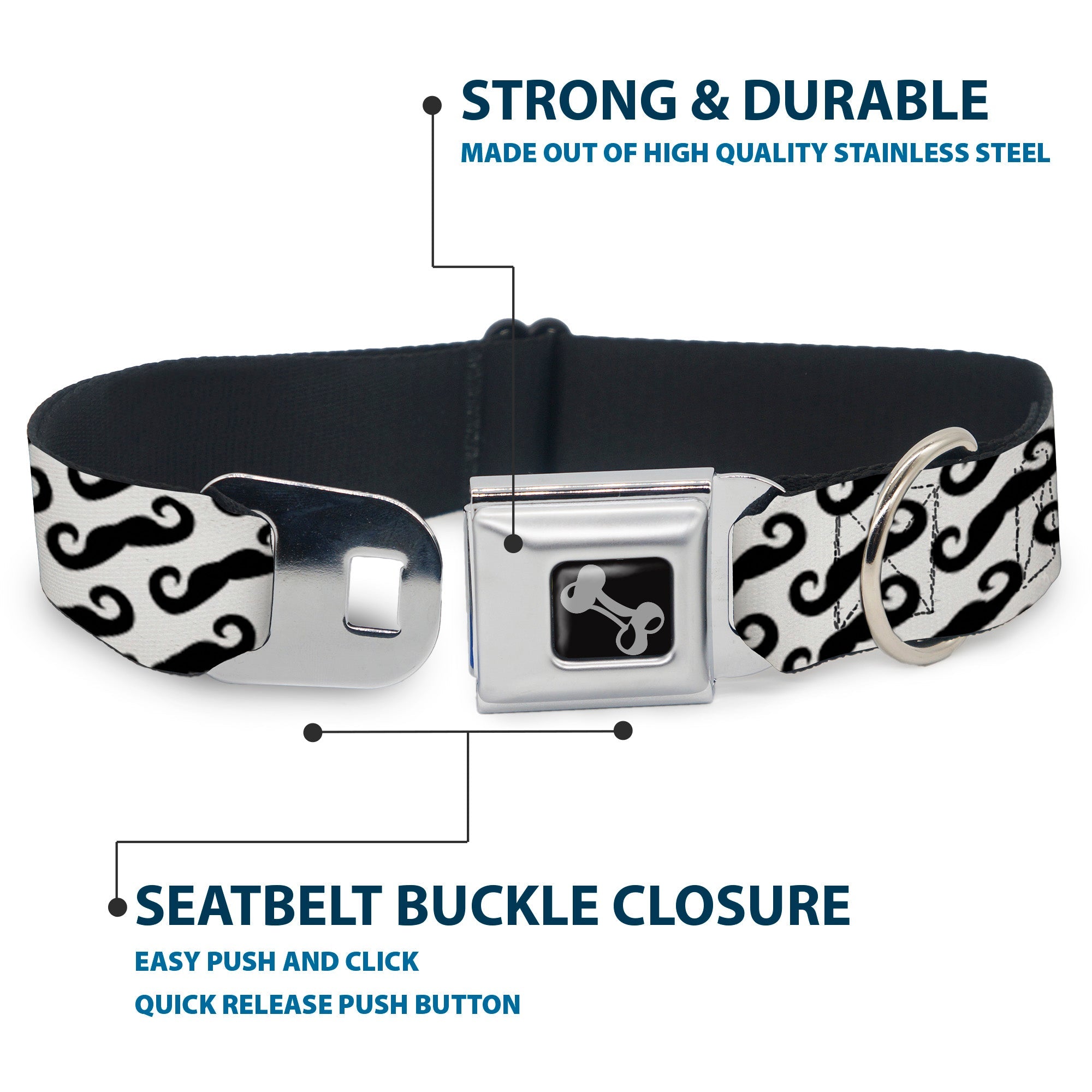 Dog Bone Seatbelt Buckle Collar - Diagonal Handlebar Mustaches White/Black