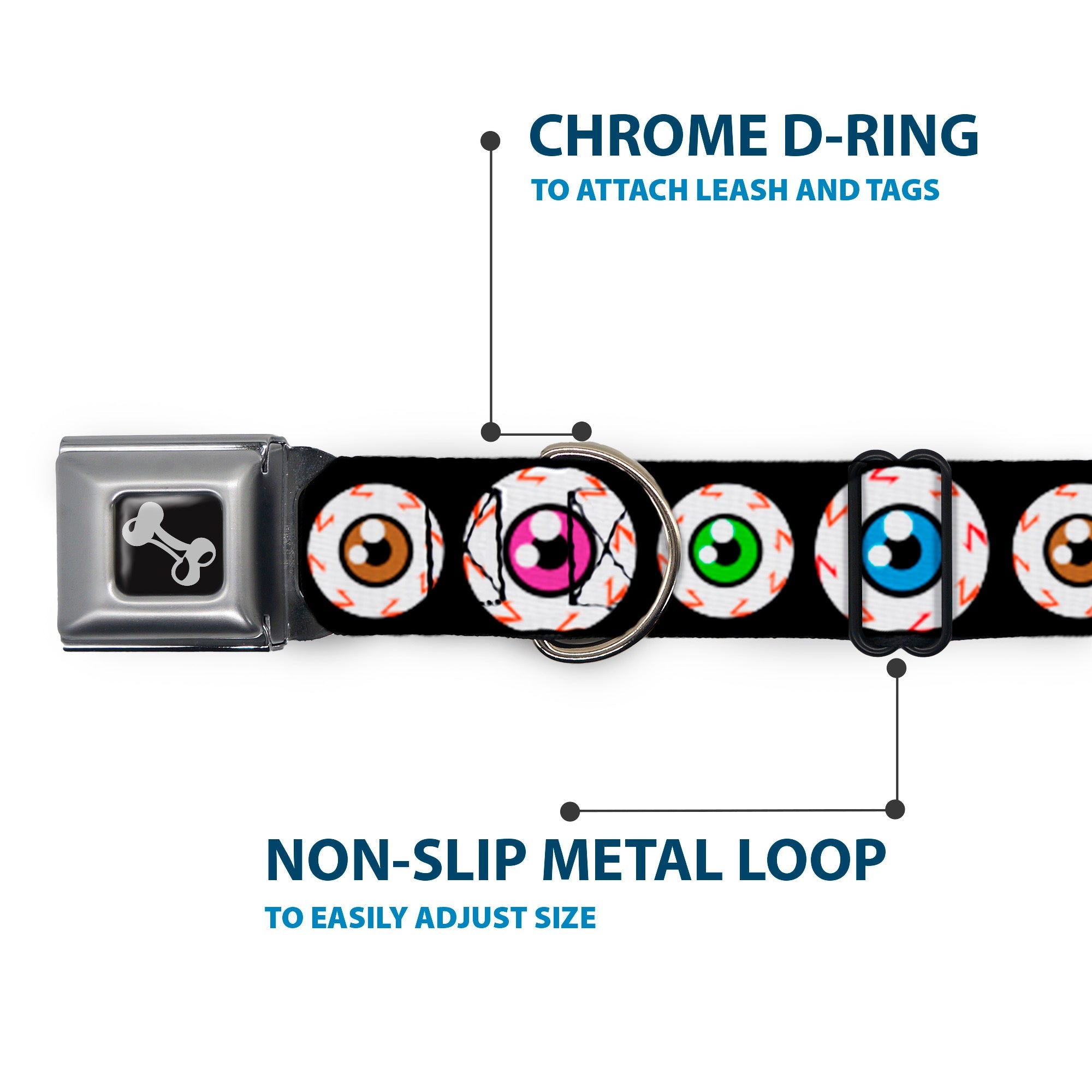 Dog Bone Seatbelt Buckle Collar - Eyeballs Black/Multi Color