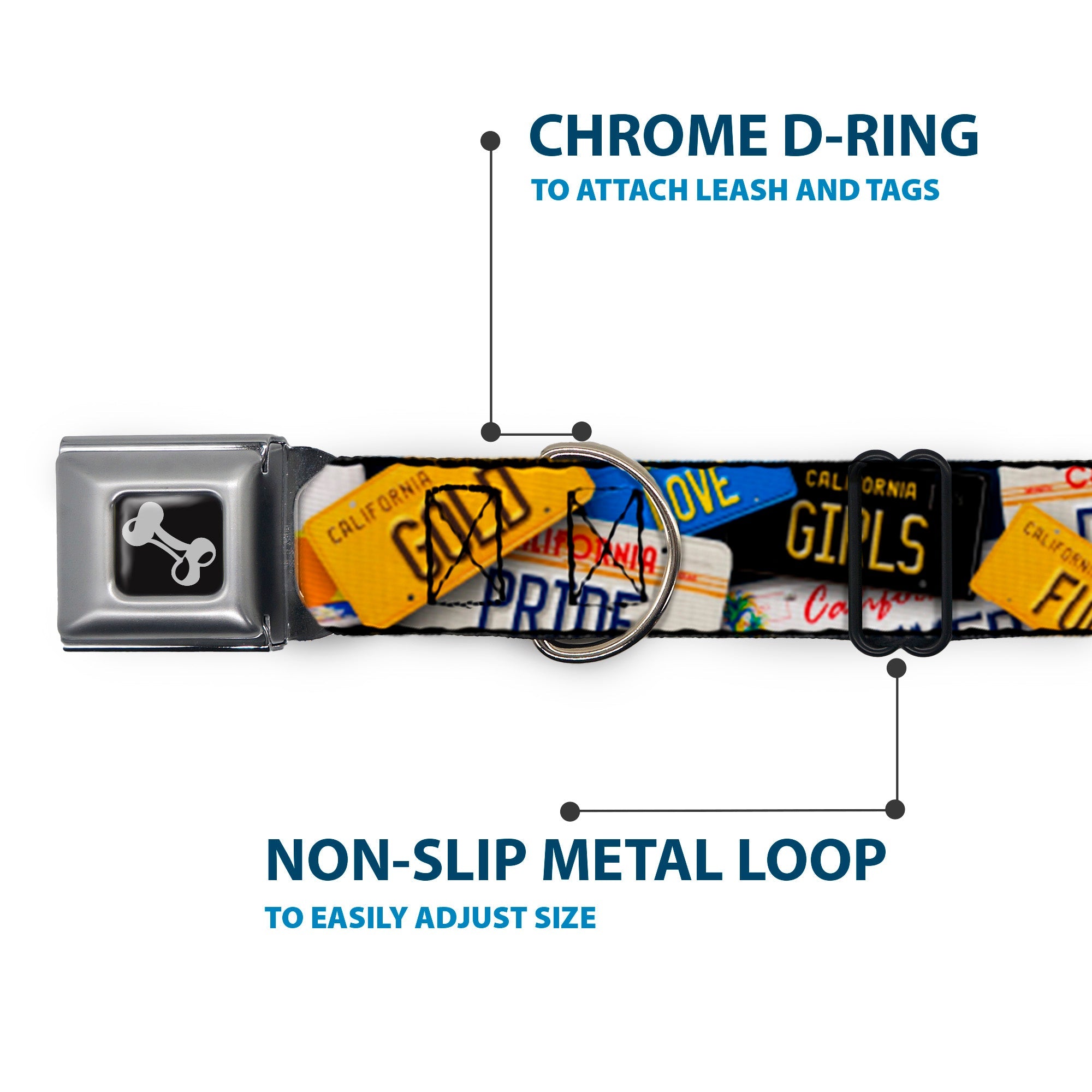 Dog Bone Seatbelt Buckle Collar - Cali License Plates Stacked