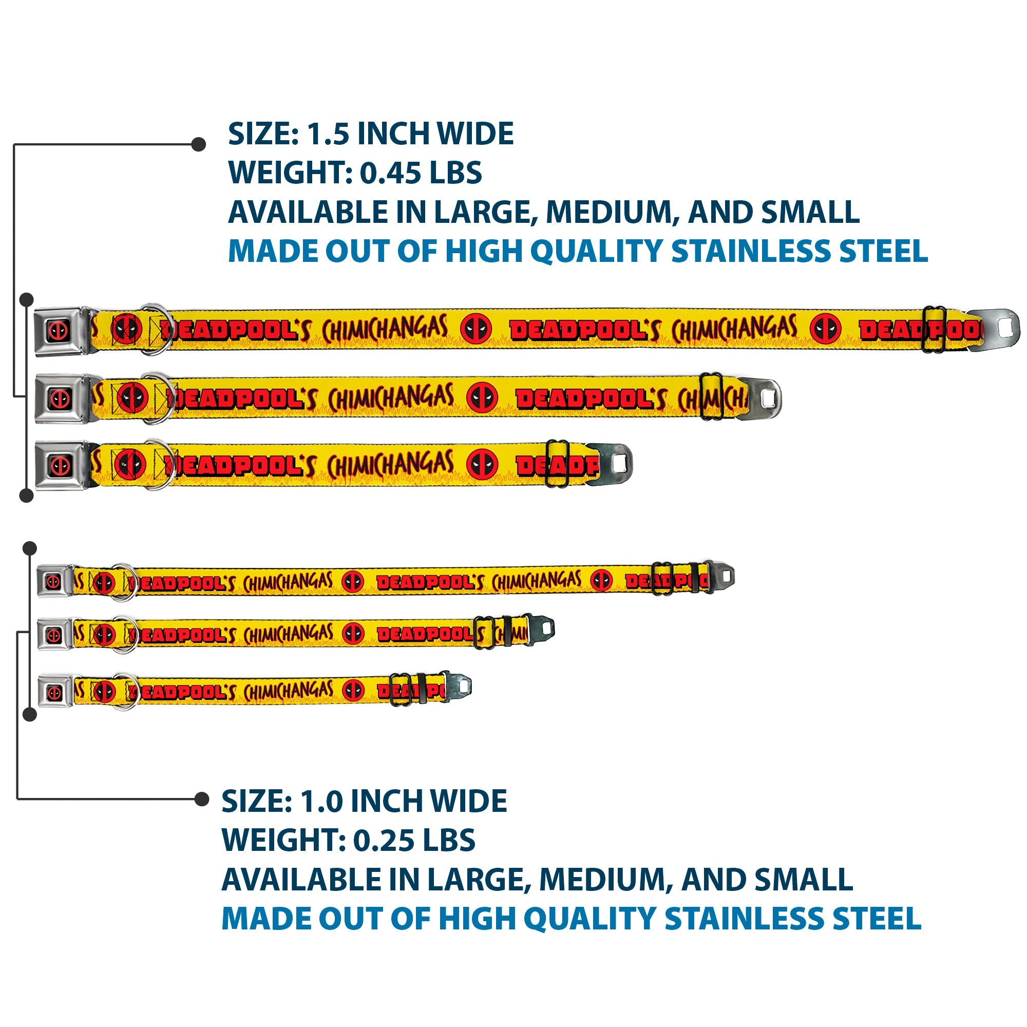 Deadpool Logo CLOSE-UP Full Color Black/Red/White Seatbelt Buckle Collar - DEADPOOL'S CHIMICHANGAS Flames Yellow/Black/Red