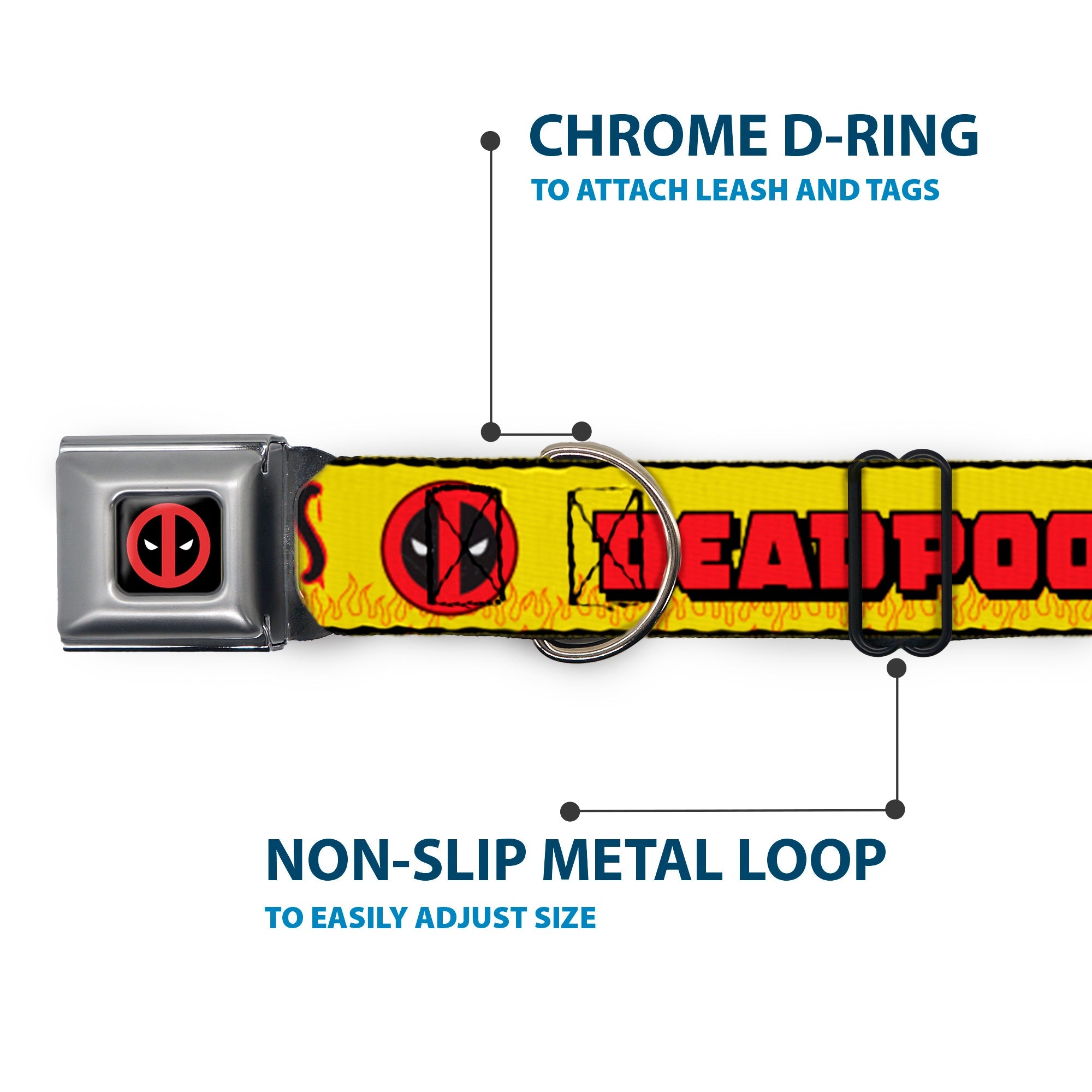 Deadpool Logo CLOSE-UP Full Color Black/Red/White Seatbelt Buckle Collar - DEADPOOL'S CHIMICHANGAS Flames Yellow/Black/Red