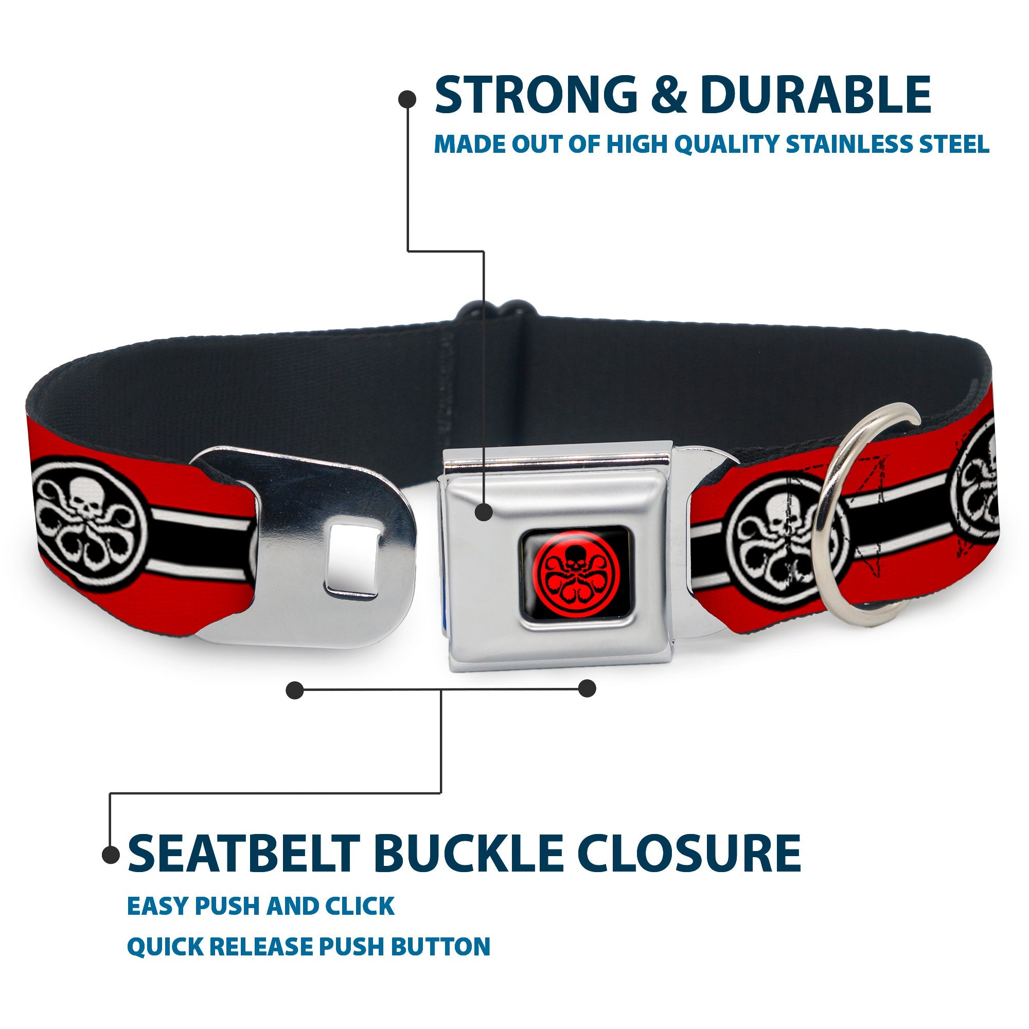 HYDRA Logo Full Color Black/Red Seatbelt Buckle Collar - HYDRA Logo/Stripe Red/Black/White