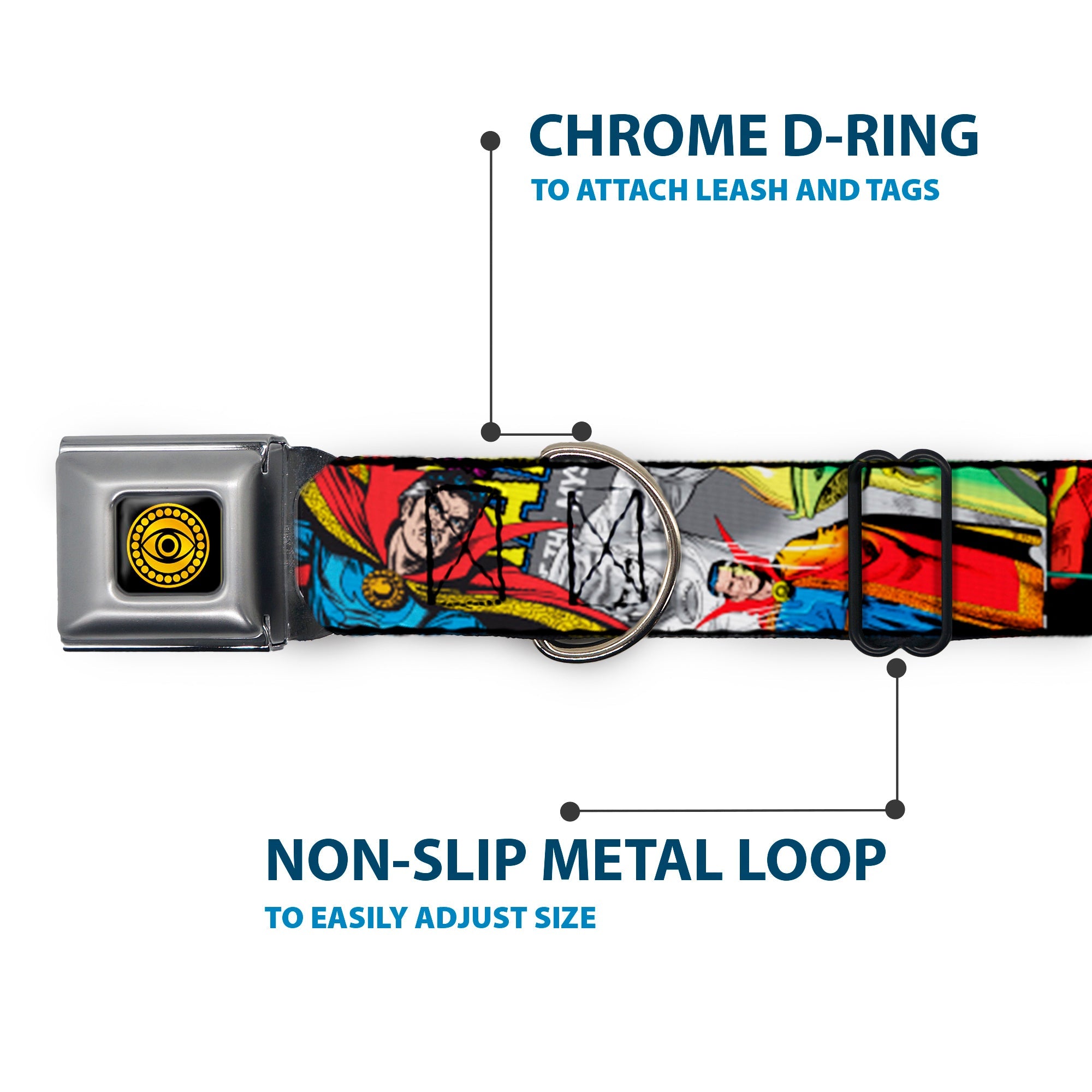 DOCTOR STRANGE MOVIE Doctor Strange Eye of Agamotto Full Color Black Gold Seatbelt Buckle Collar - Classic DOCTOR STRANGE Comic Book Title/4-Poses