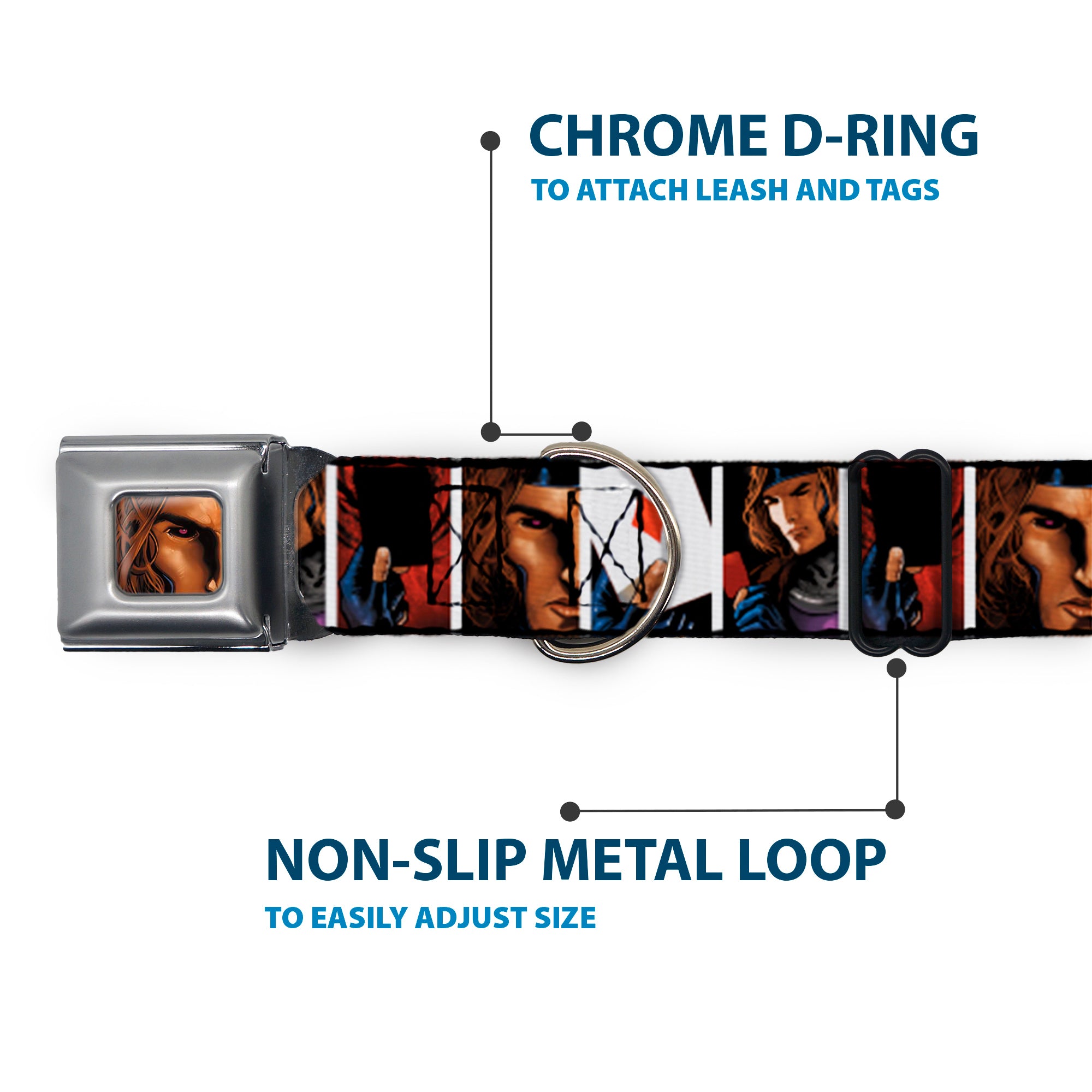 X-Men Gambit Face Close-Up Full Color Seatbelt Buckle Collar - X-Men Gambit Cards 4-Pose Blocks