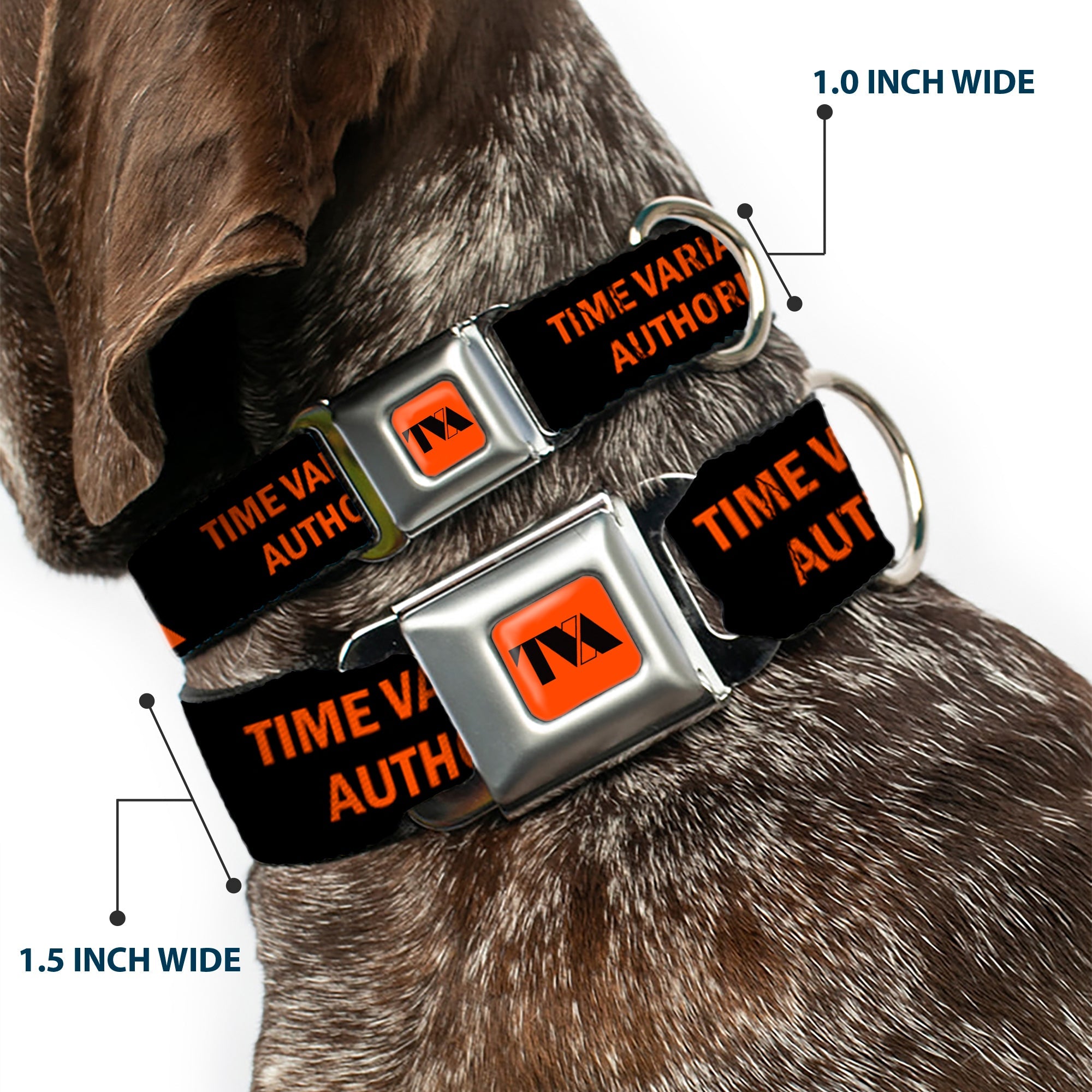 Loki Series TVA Time Variance Authority Logo Full Color Orange/Black Seatbelt Buckle Collar - Loki Series TVA TIME VARIANCE AUTHORITY Text Black/Orange