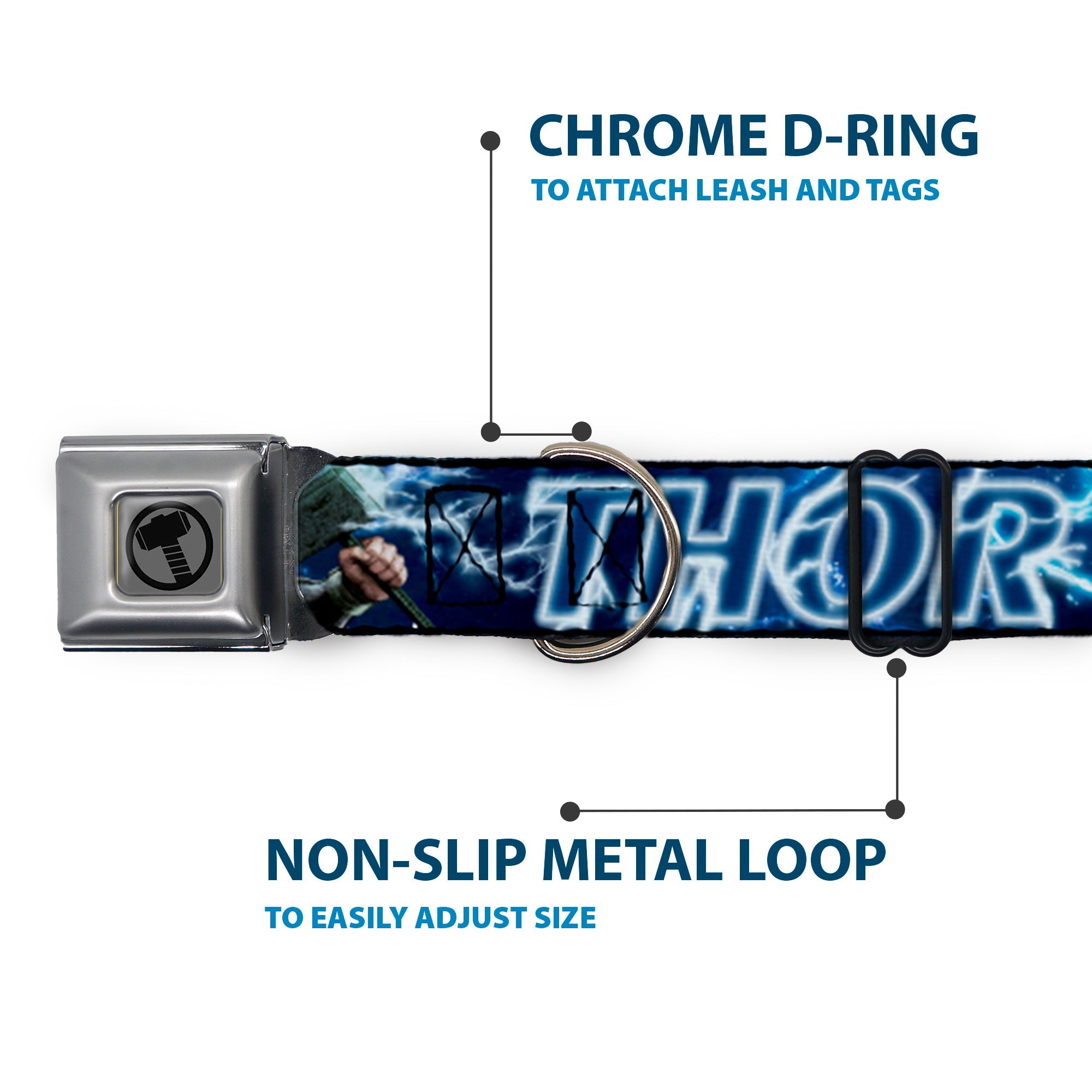 Thor Avengers Icon Silver/Black Seatbelt Buckle Collar - Avengers THOR Hammer/Action Pose Galaxy Blues/White