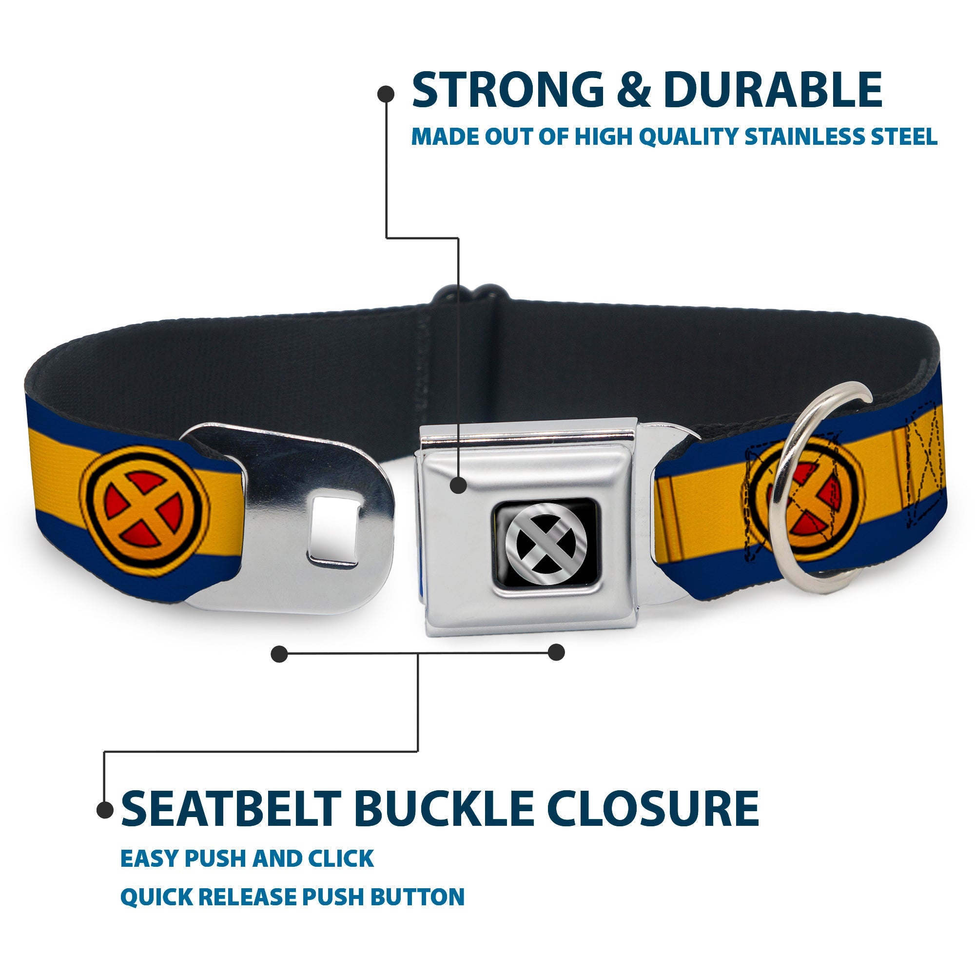 X-Men Icon Black/Silver Gradient Seatbelt Buckle Collar - X-Men Cyclops Utility Strap Blue/Gold/Black/Red
